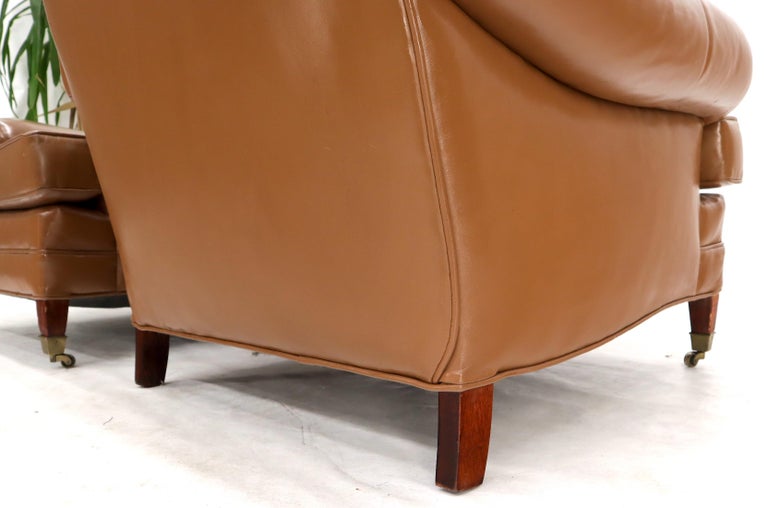 Pair of Chesterfield Style Leather Chairs W/ Ottomans Brown to Tan For