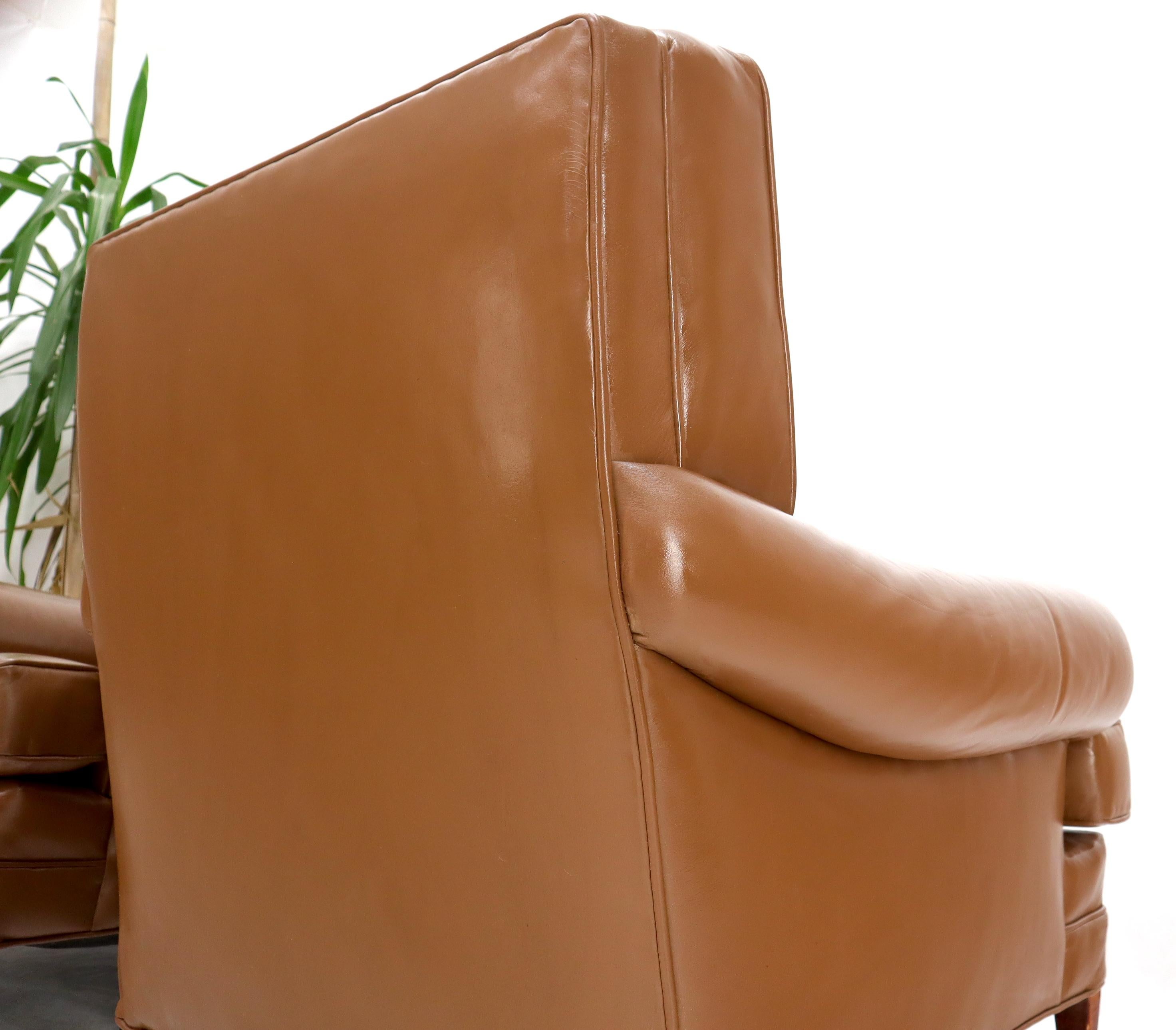 Pair of Chesterfield Style Leather Chairs W/ Ottomans Brown to Tan For Sale 5