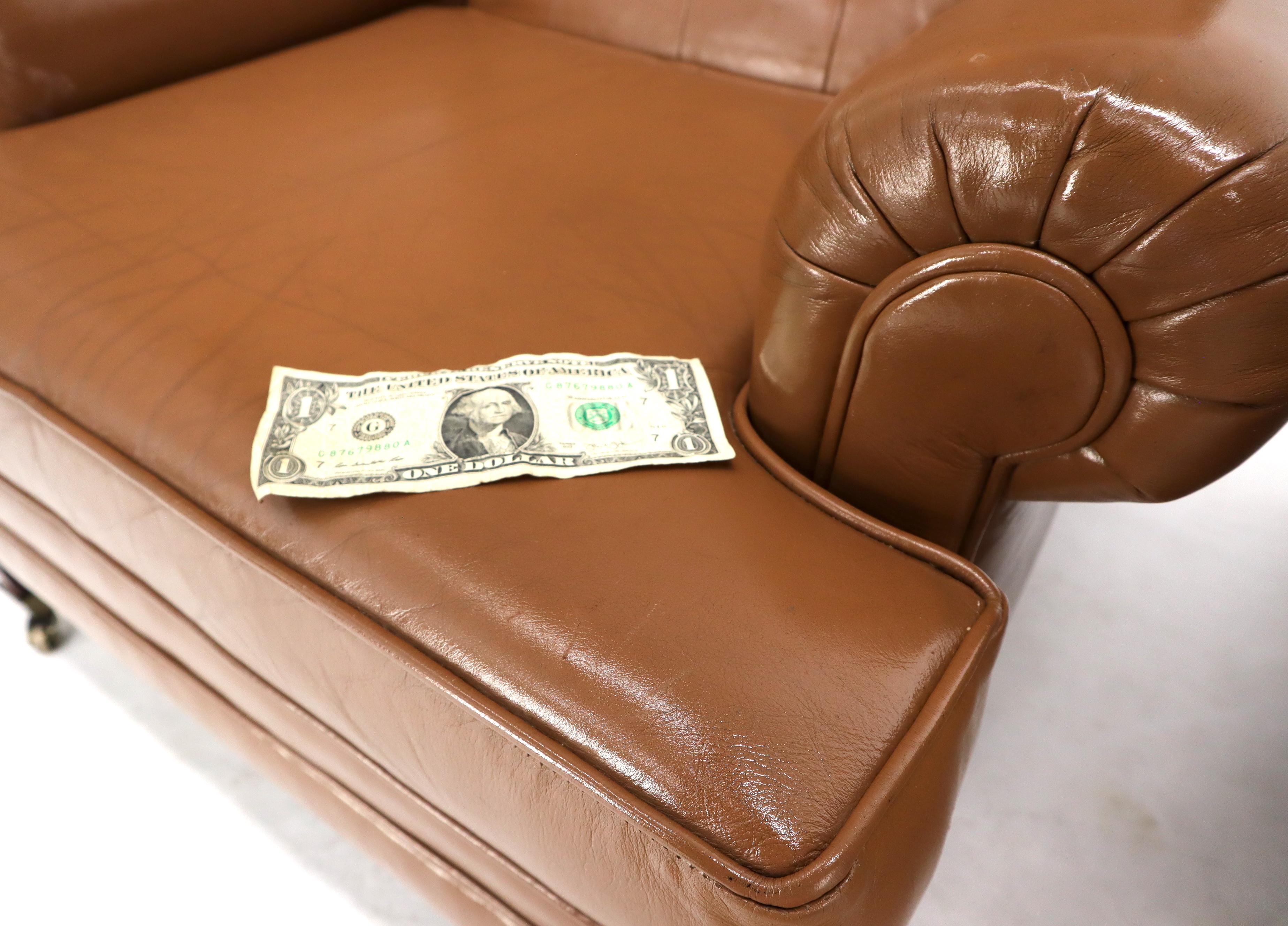 Pair of Chesterfield Style Leather Chairs W/ Ottomans Brown to Tan For Sale 6