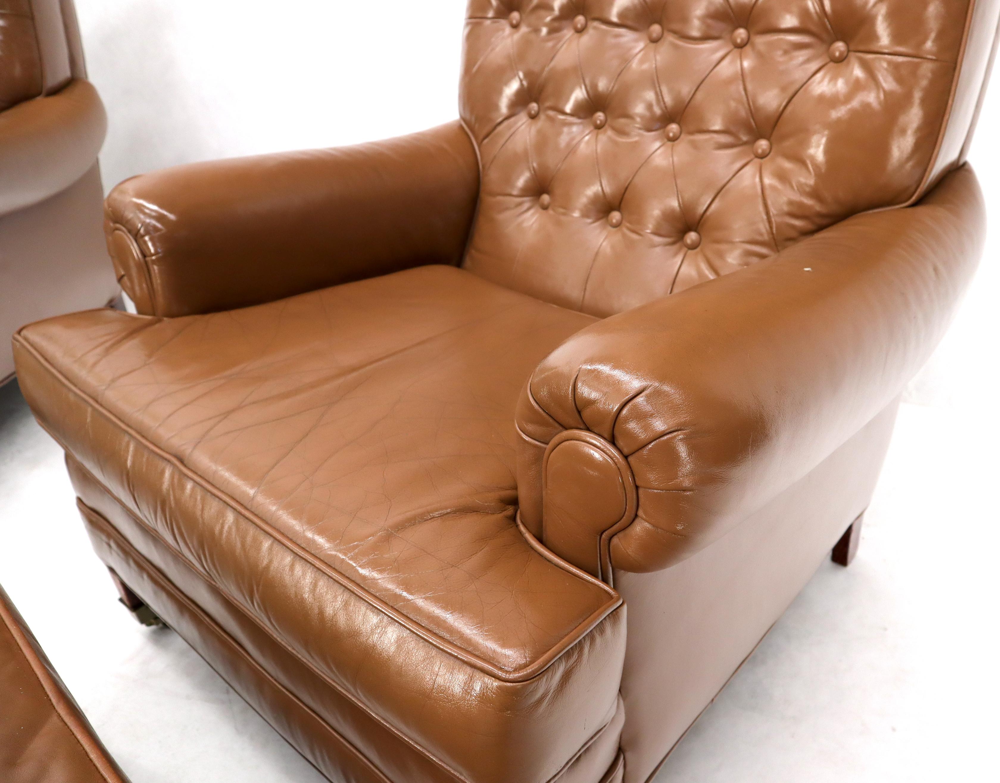 American Pair of Chesterfield Style Leather Chairs W/ Ottomans Brown to Tan For Sale