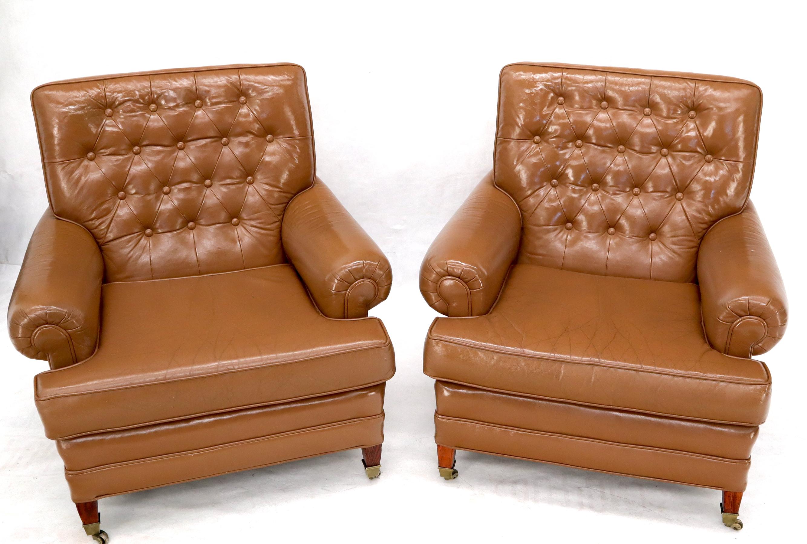 20th Century Pair of Chesterfield Style Leather Chairs W/ Ottomans Brown to Tan For Sale
