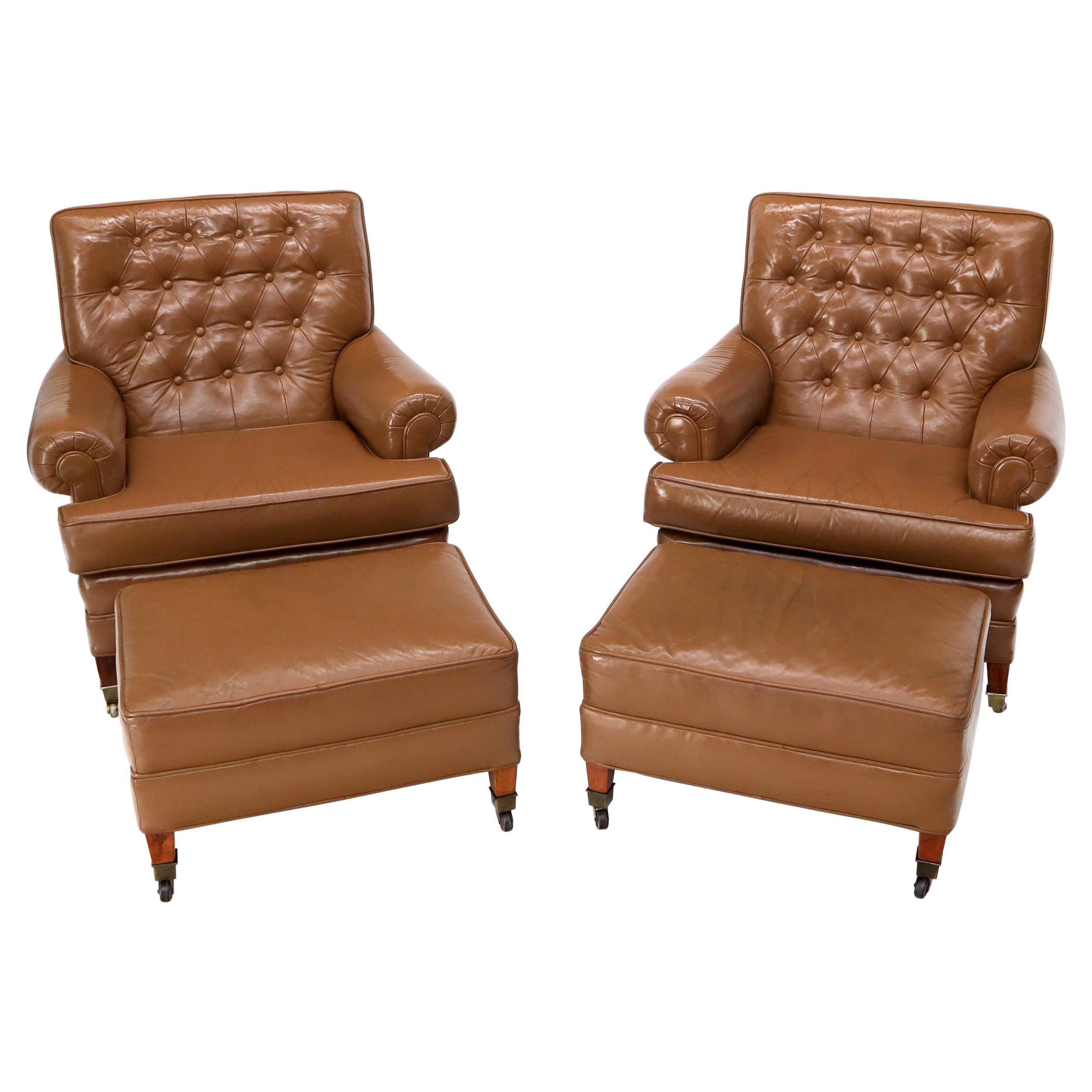 Pair of Chesterfield Style Leather Chairs W/ Ottomans Brown to Tan For Sale