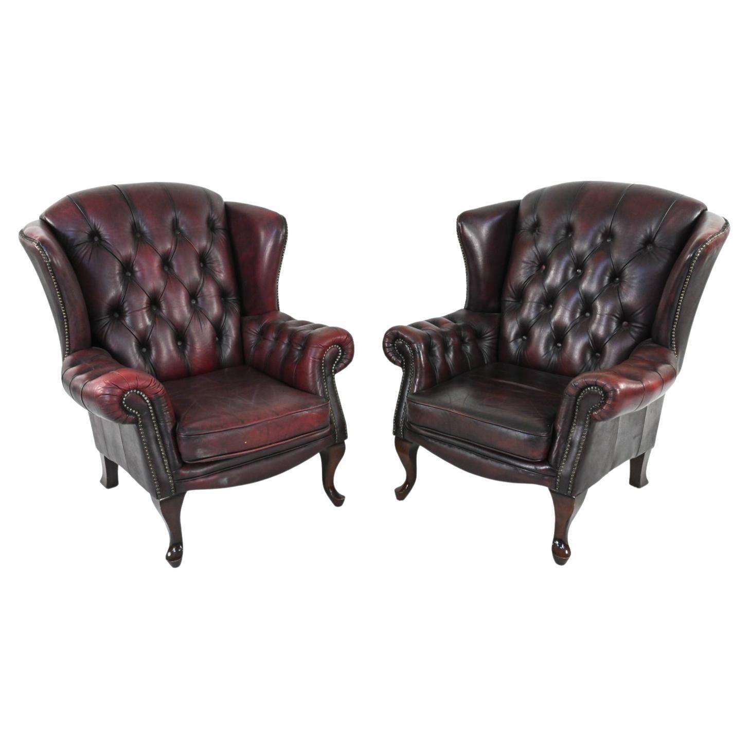 Pair of Chesterfield-Style Tufted Leather Wingback Lounge Chairs