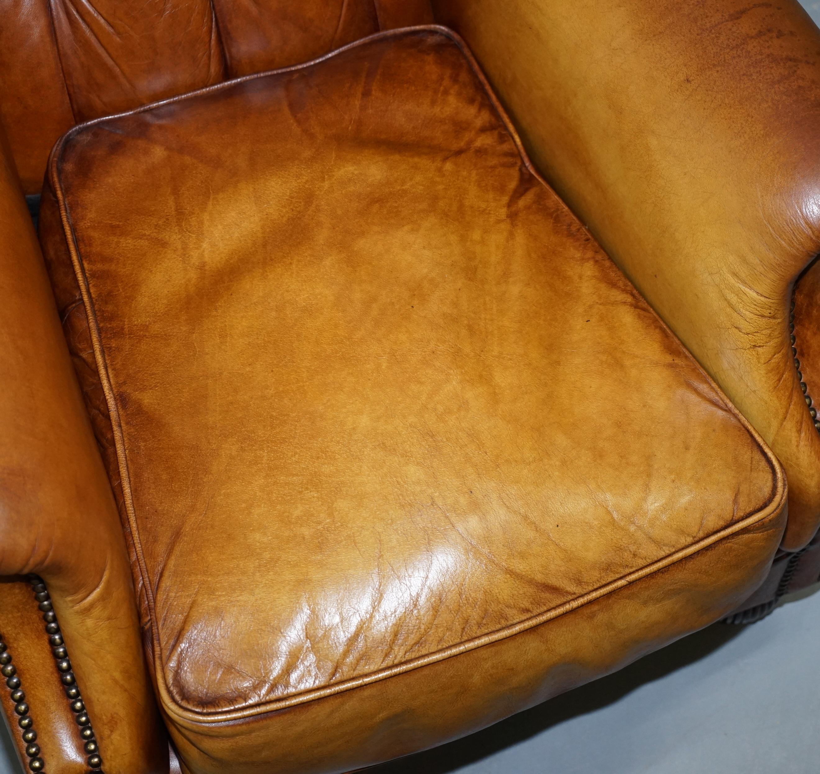 Pair of Chesterfield Tetrad Oskar Aged Tan Brown Leather Buttoned Armchairs 1