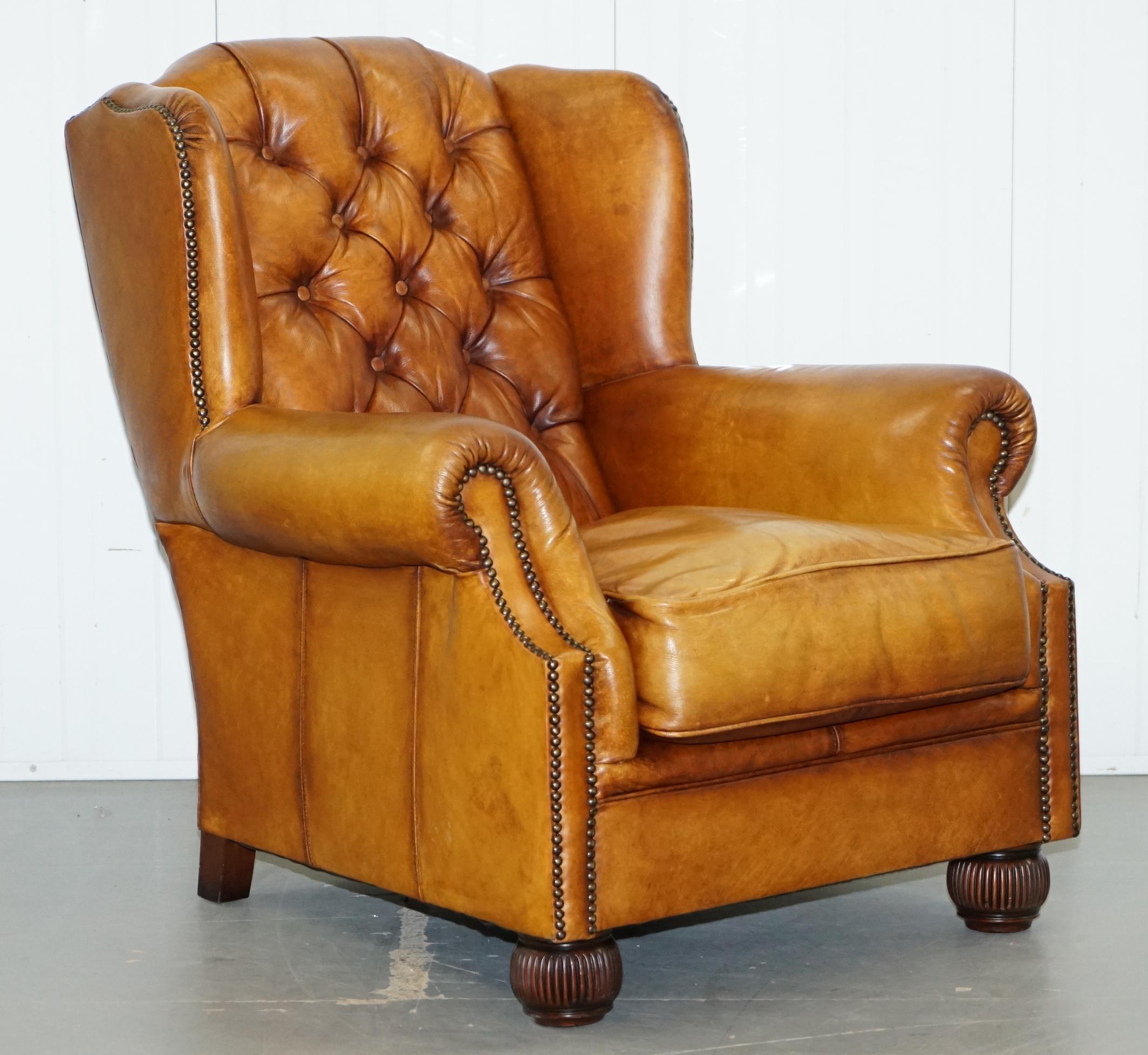 Pair of Chesterfield Tetrad Oskar Aged Tan Brown Leather Buttoned Armchairs 4