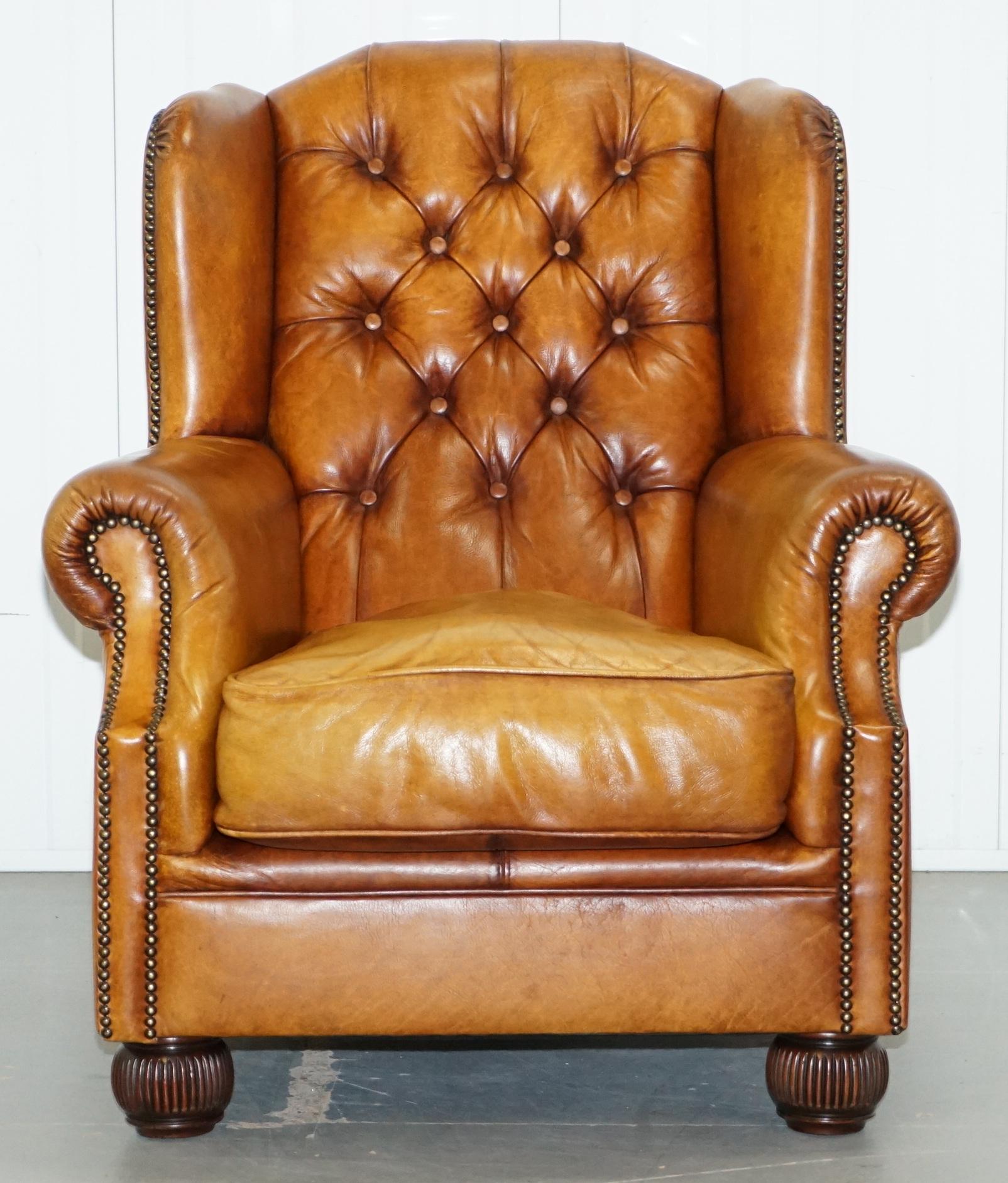 Pair of Chesterfield Tetrad Oskar Aged Tan Brown Leather Buttoned Armchairs 5