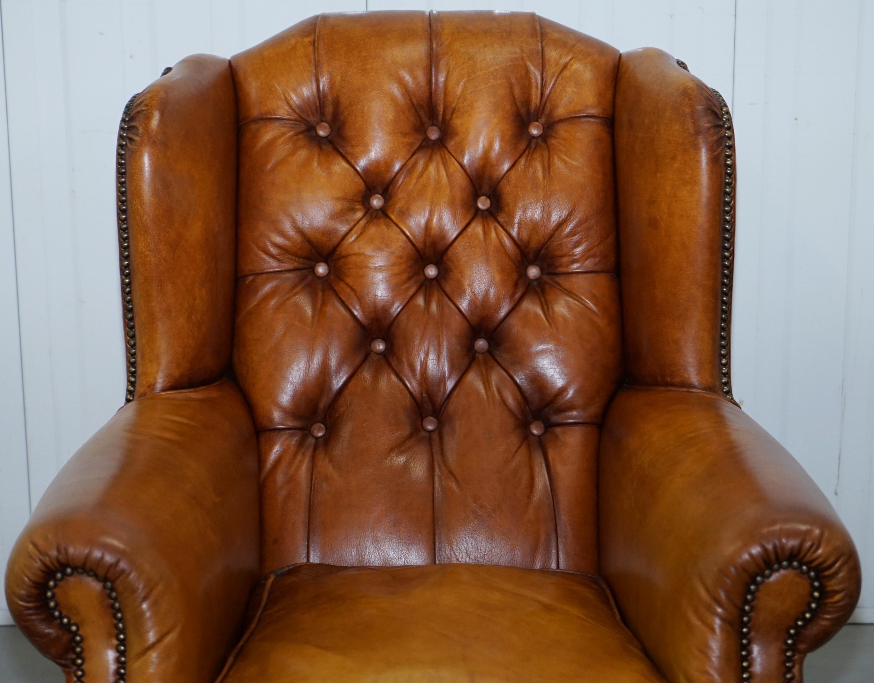Pair of Chesterfield Tetrad Oskar Aged Tan Brown Leather Buttoned Armchairs 6