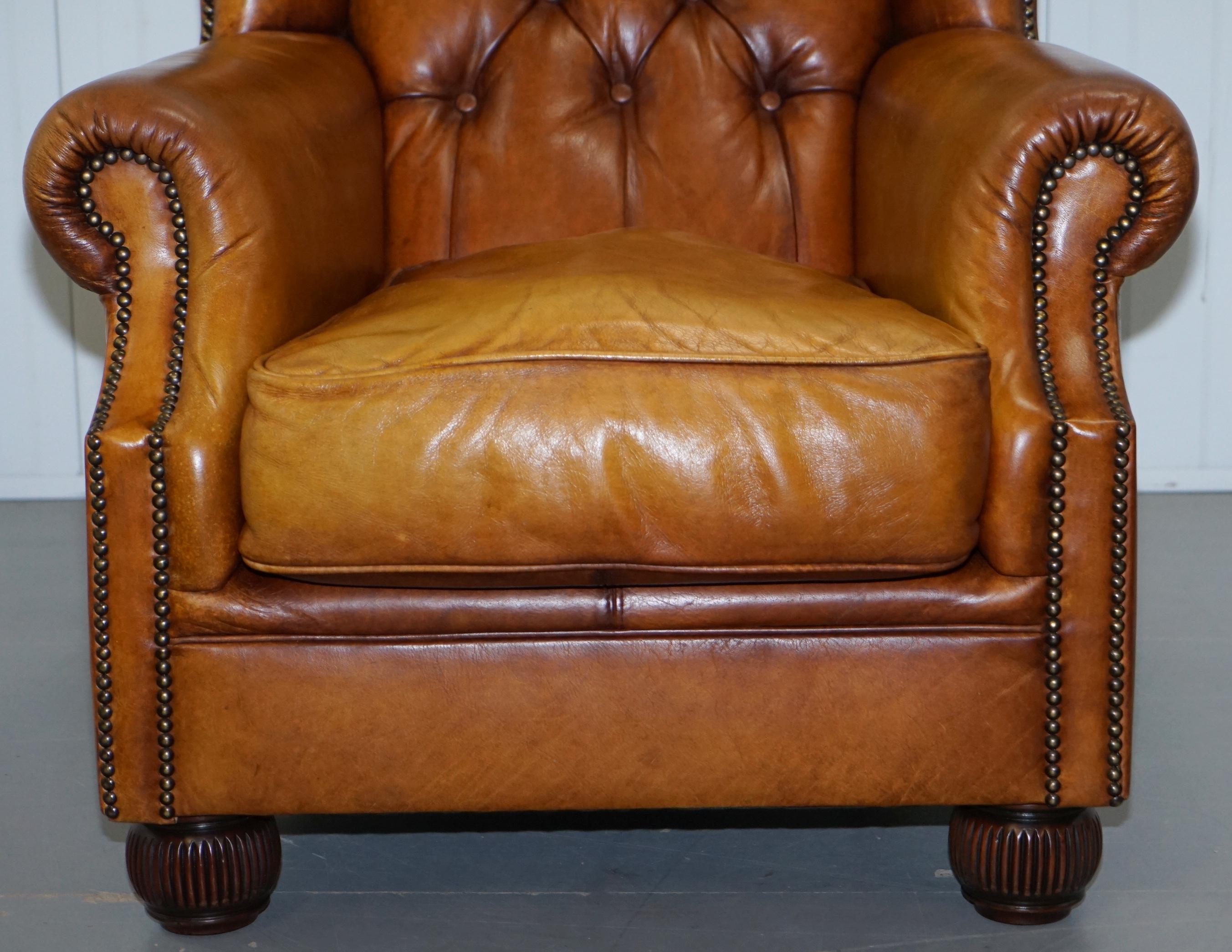 Pair of Chesterfield Tetrad Oskar Aged Tan Brown Leather Buttoned Armchairs 7
