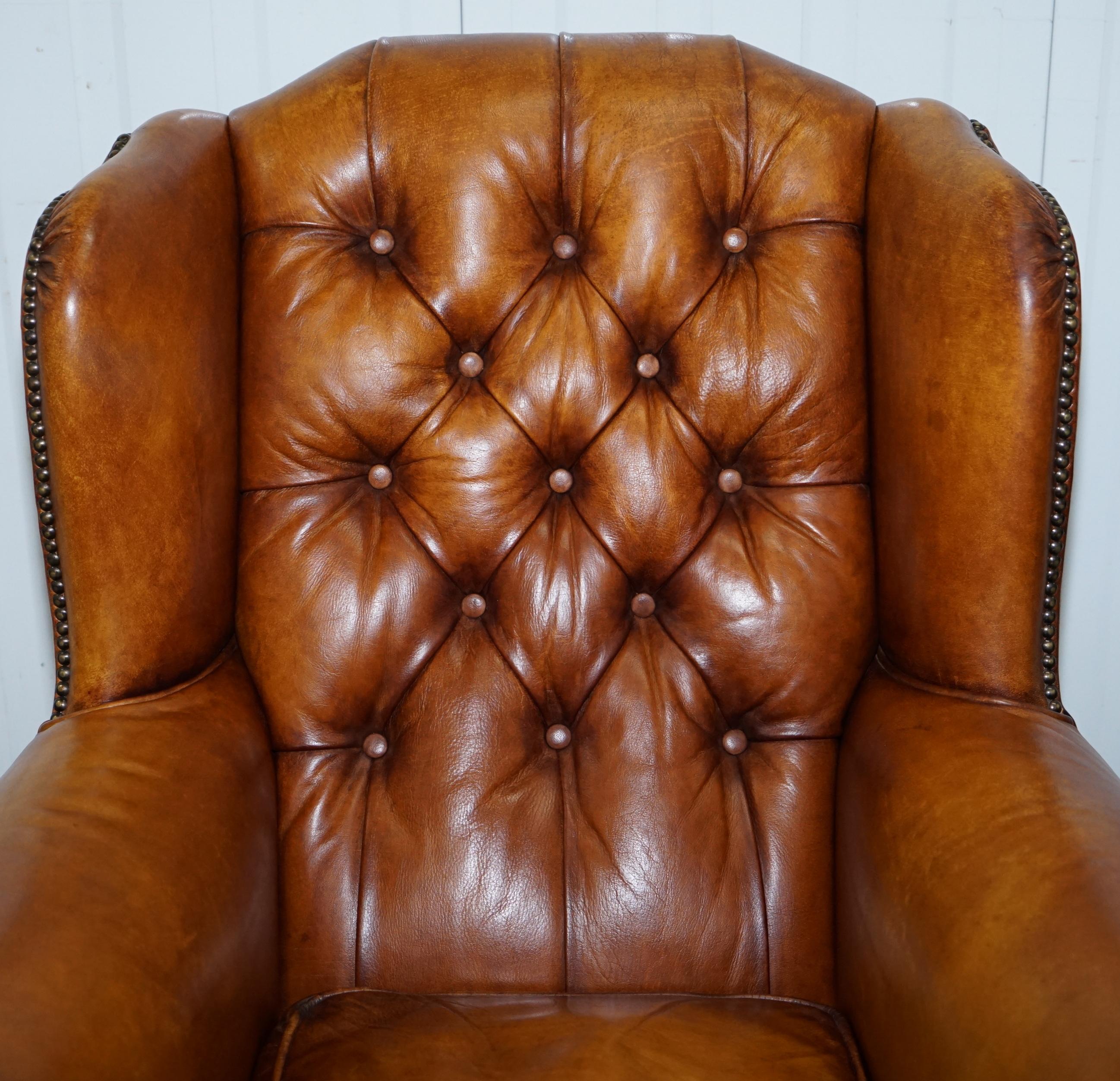Pair of Chesterfield Tetrad Oskar Aged Tan Brown Leather Buttoned Armchairs 10
