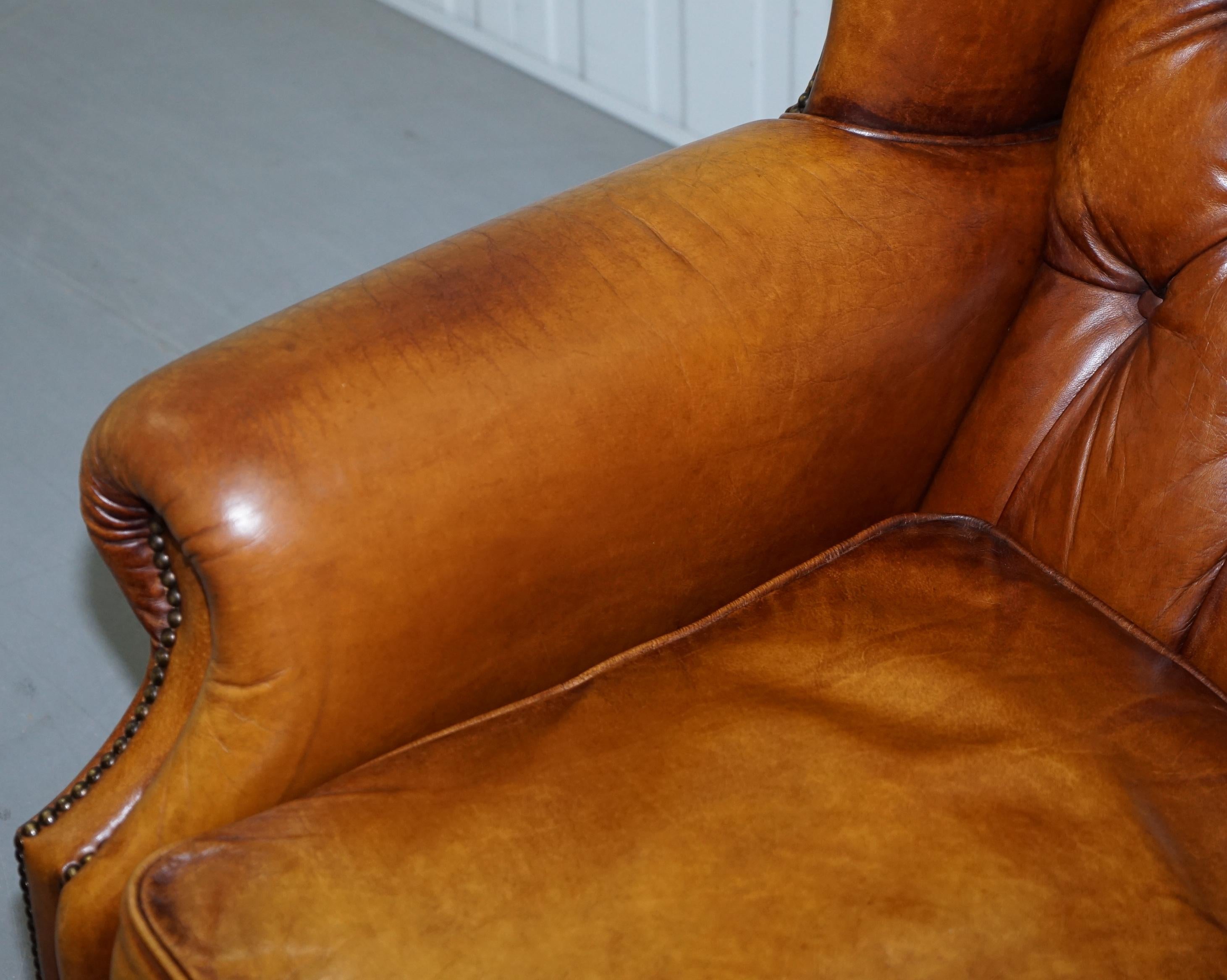 English Pair of Chesterfield Tetrad Oskar Aged Tan Brown Leather Buttoned Armchairs