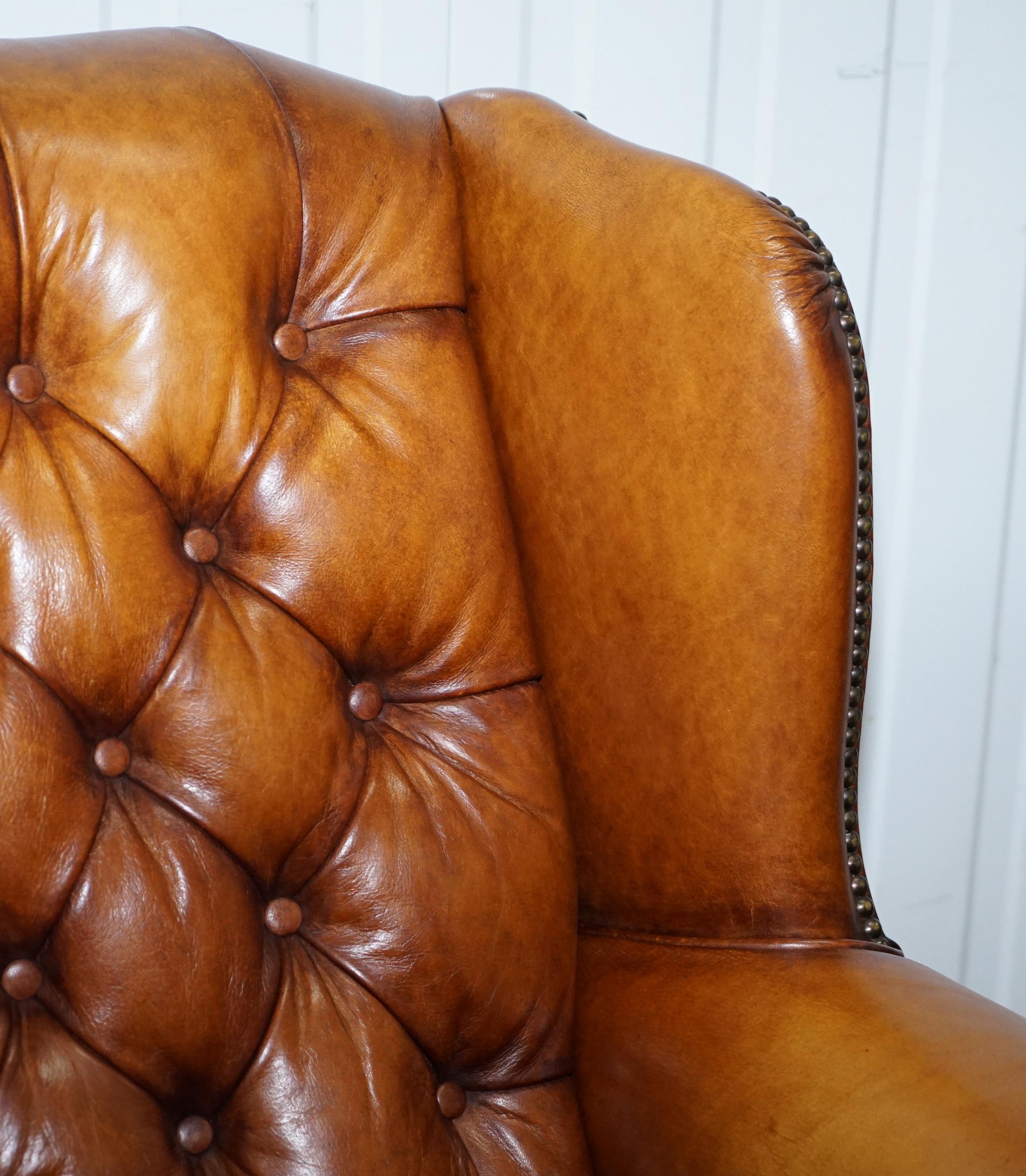 Hand-Crafted Pair of Chesterfield Tetrad Oskar Aged Tan Brown Leather Buttoned Armchairs