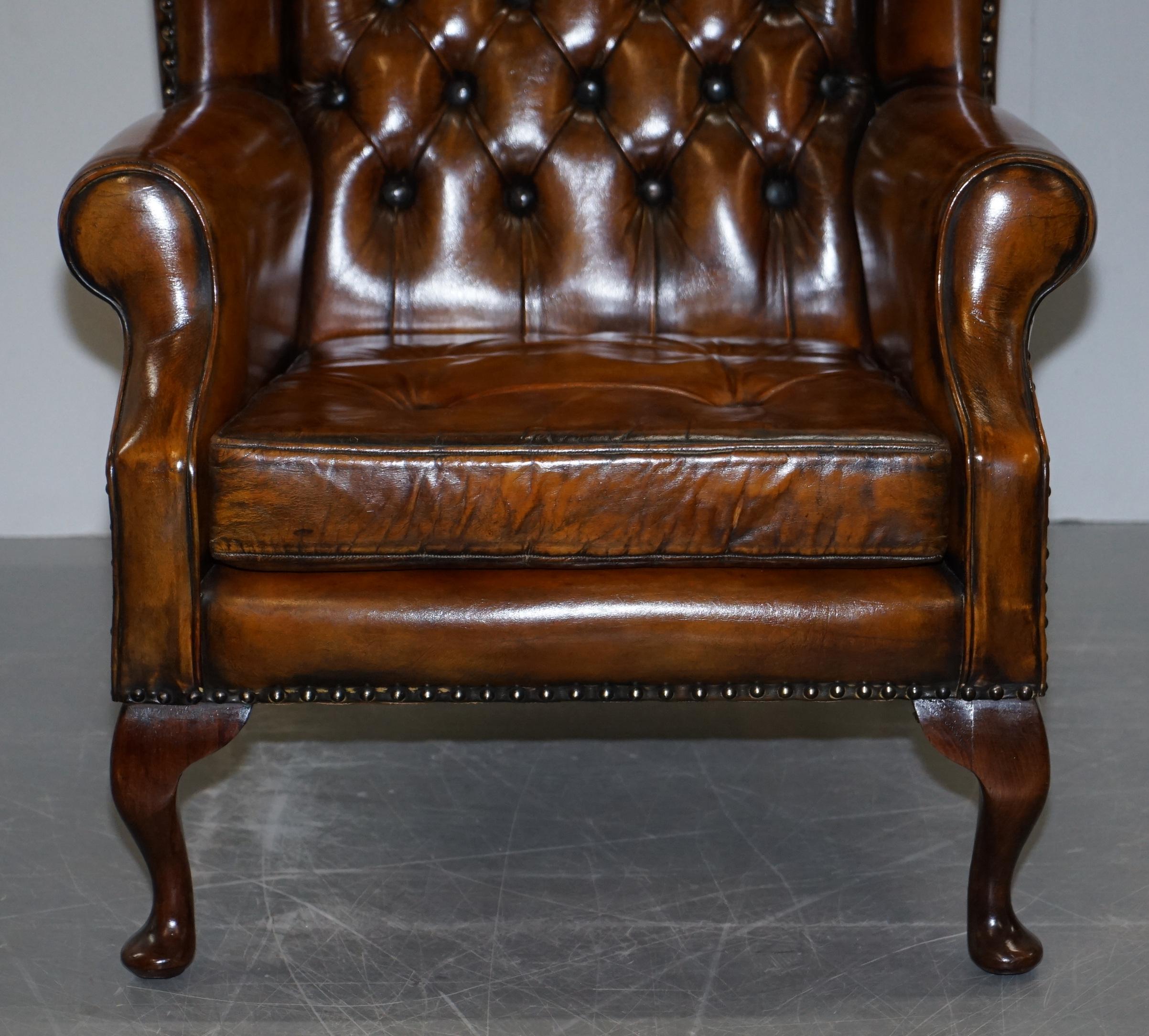 Pair of Chesterfield Thomas Chippendale Wingback Armchairs Cigar Brown Leather 5