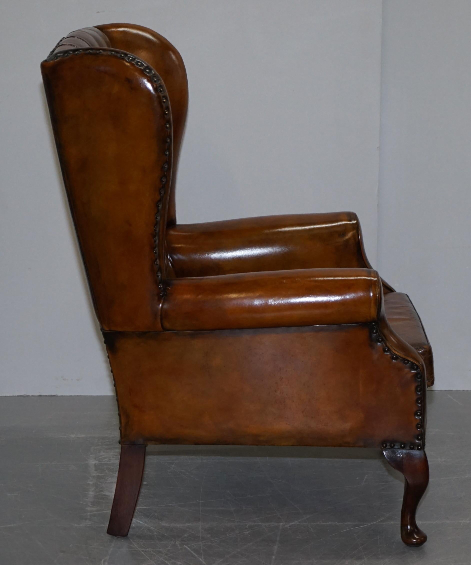 Pair of Chesterfield Thomas Chippendale Wingback Armchairs Cigar Brown Leather 7
