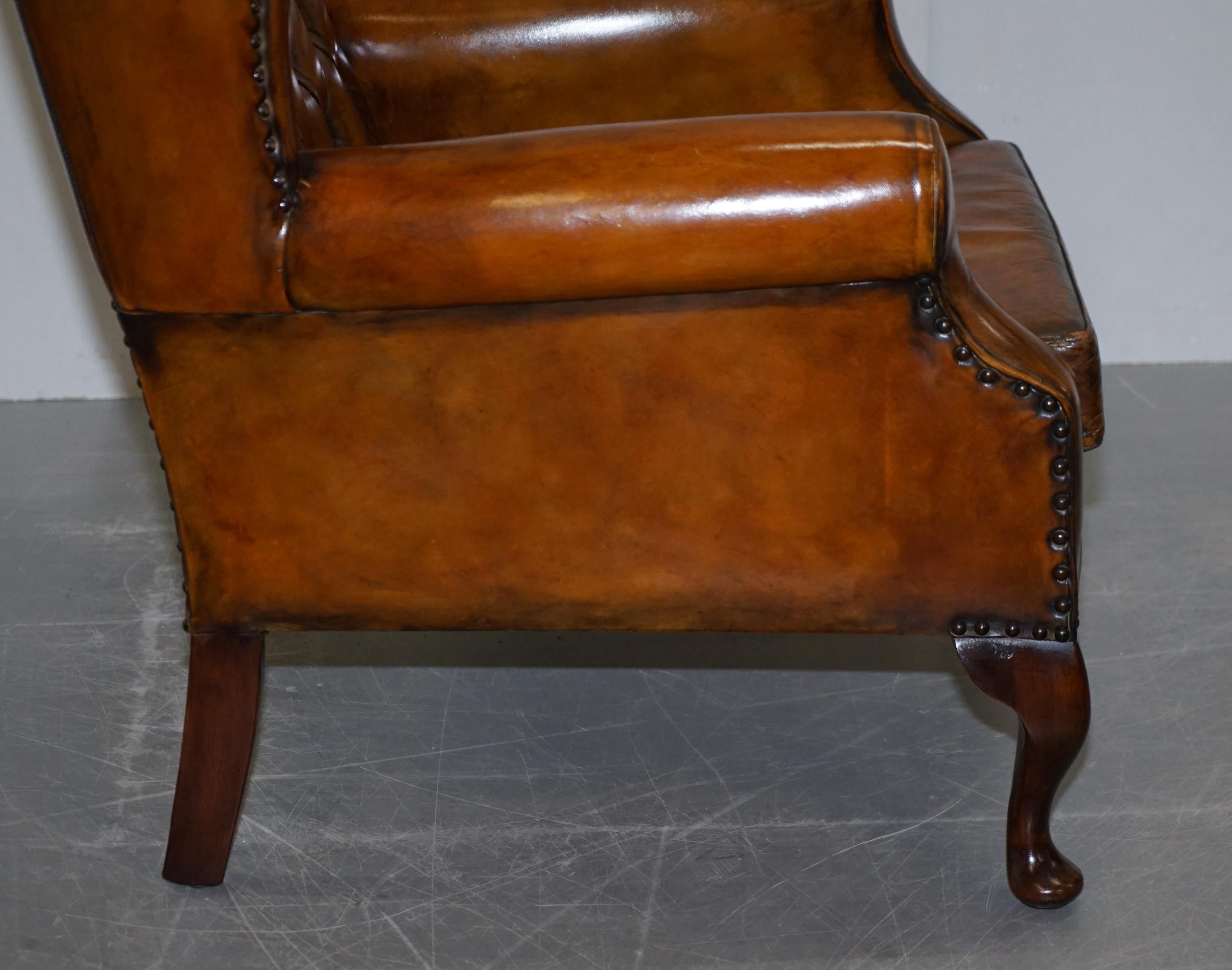 Pair of Chesterfield Thomas Chippendale Wingback Armchairs Cigar Brown Leather 8