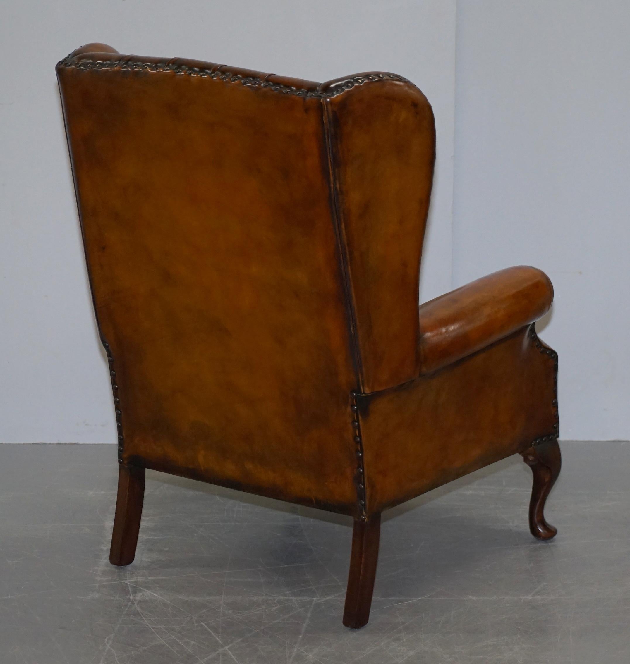 Pair of Chesterfield Thomas Chippendale Wingback Armchairs Cigar Brown Leather 9