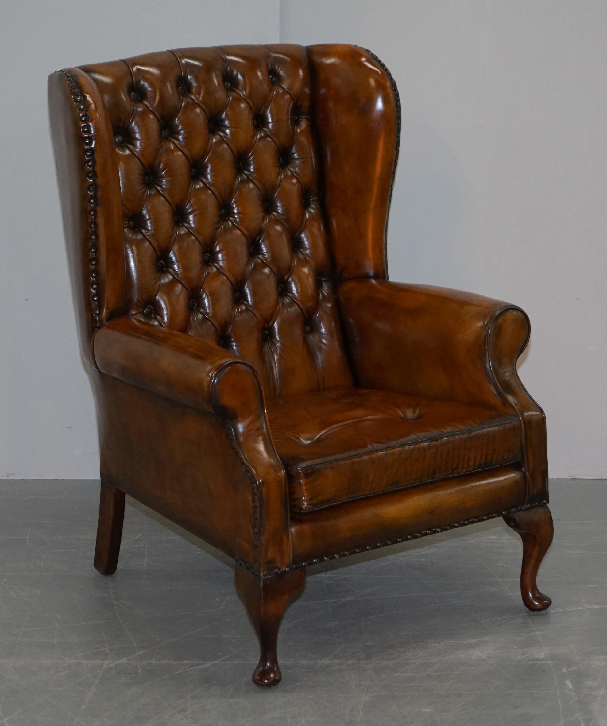 Pair of Chesterfield Thomas Chippendale Wingback Armchairs Cigar Brown Leather 10