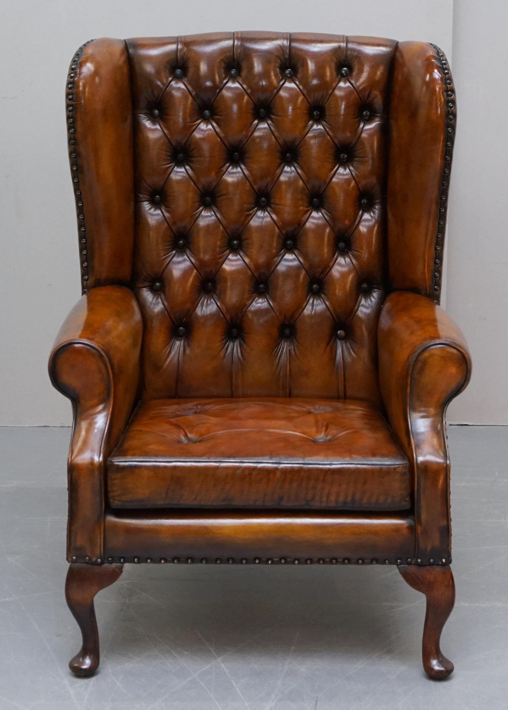 Pair of Chesterfield Thomas Chippendale Wingback Armchairs Cigar Brown Leather 11