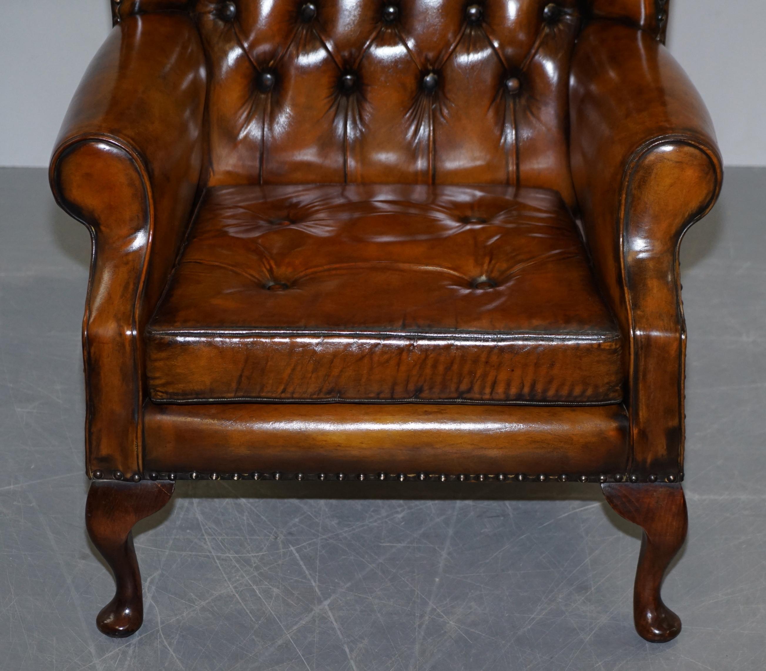Pair of Chesterfield Thomas Chippendale Wingback Armchairs Cigar Brown Leather 12