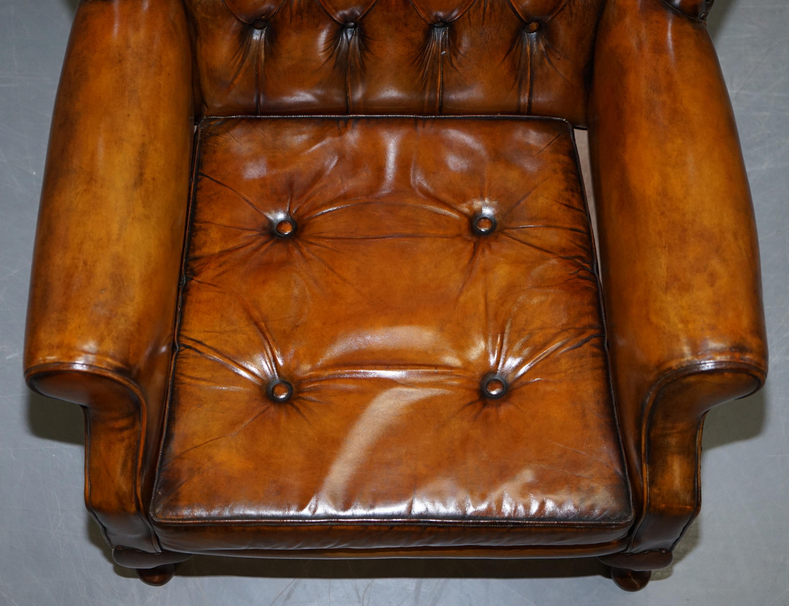 Pair of Chesterfield Thomas Chippendale Wingback Armchairs Cigar Brown Leather 14
