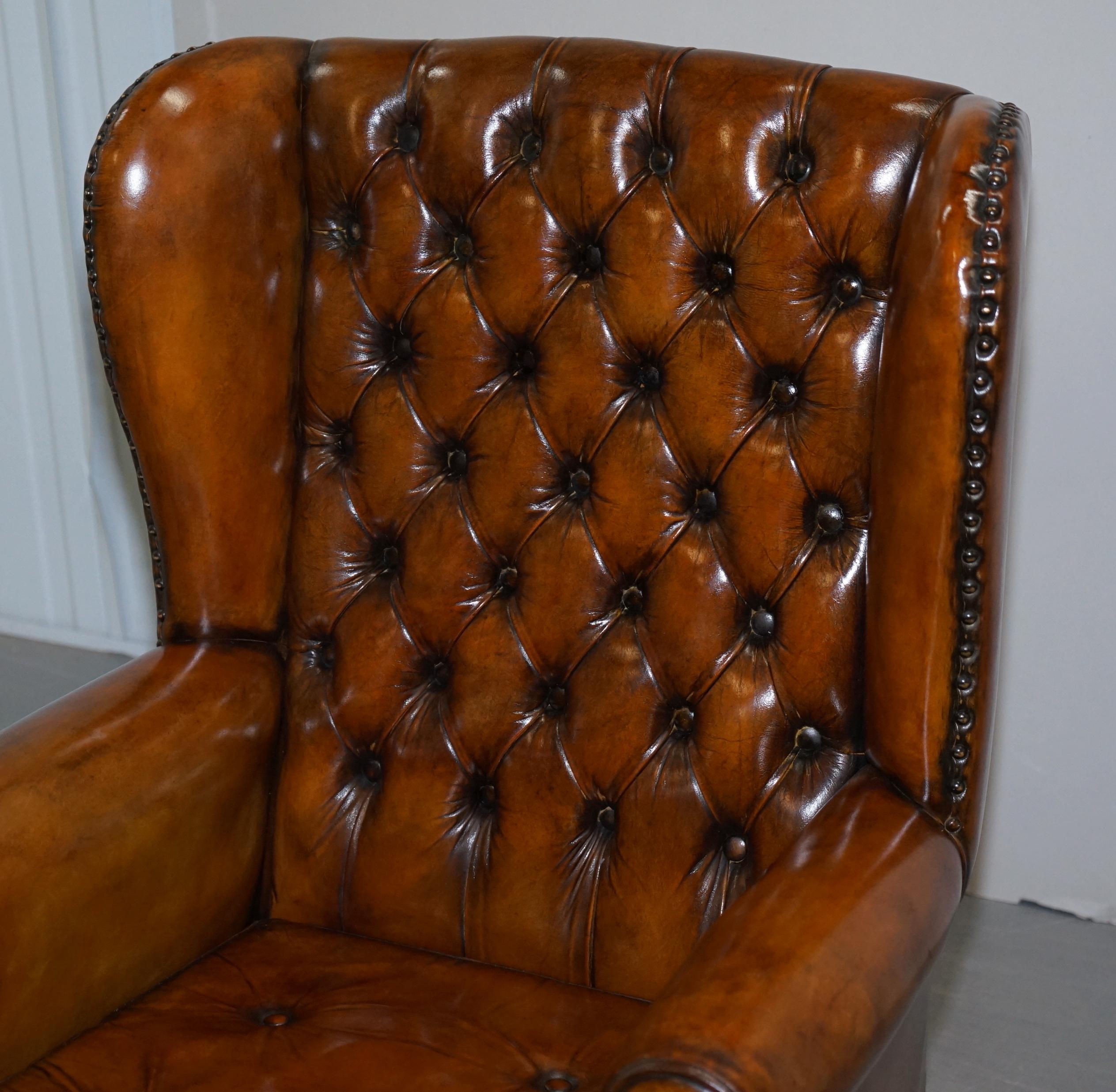 Pair of Chesterfield Thomas Chippendale Wingback Armchairs Cigar Brown Leather 15