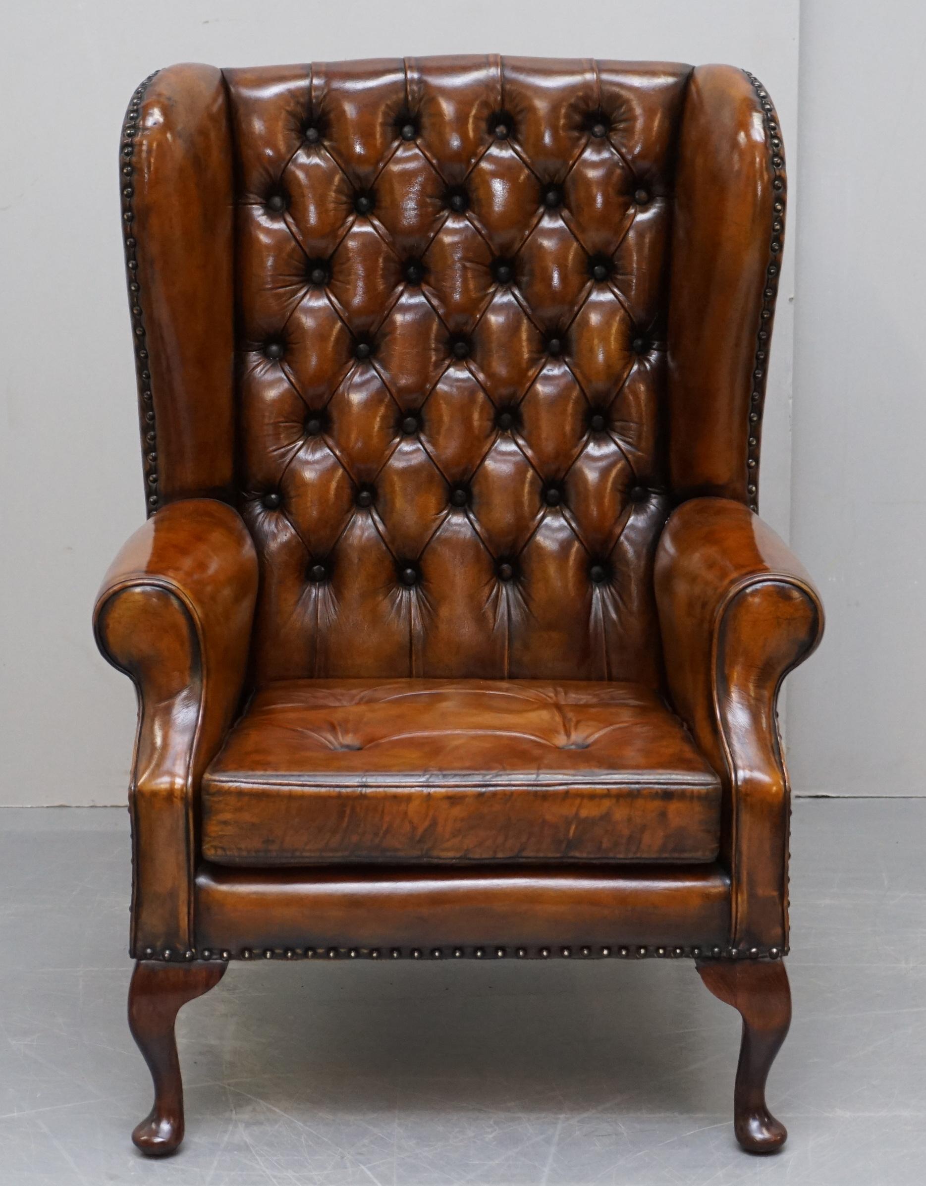 English Pair of Chesterfield Thomas Chippendale Wingback Armchairs Cigar Brown Leather