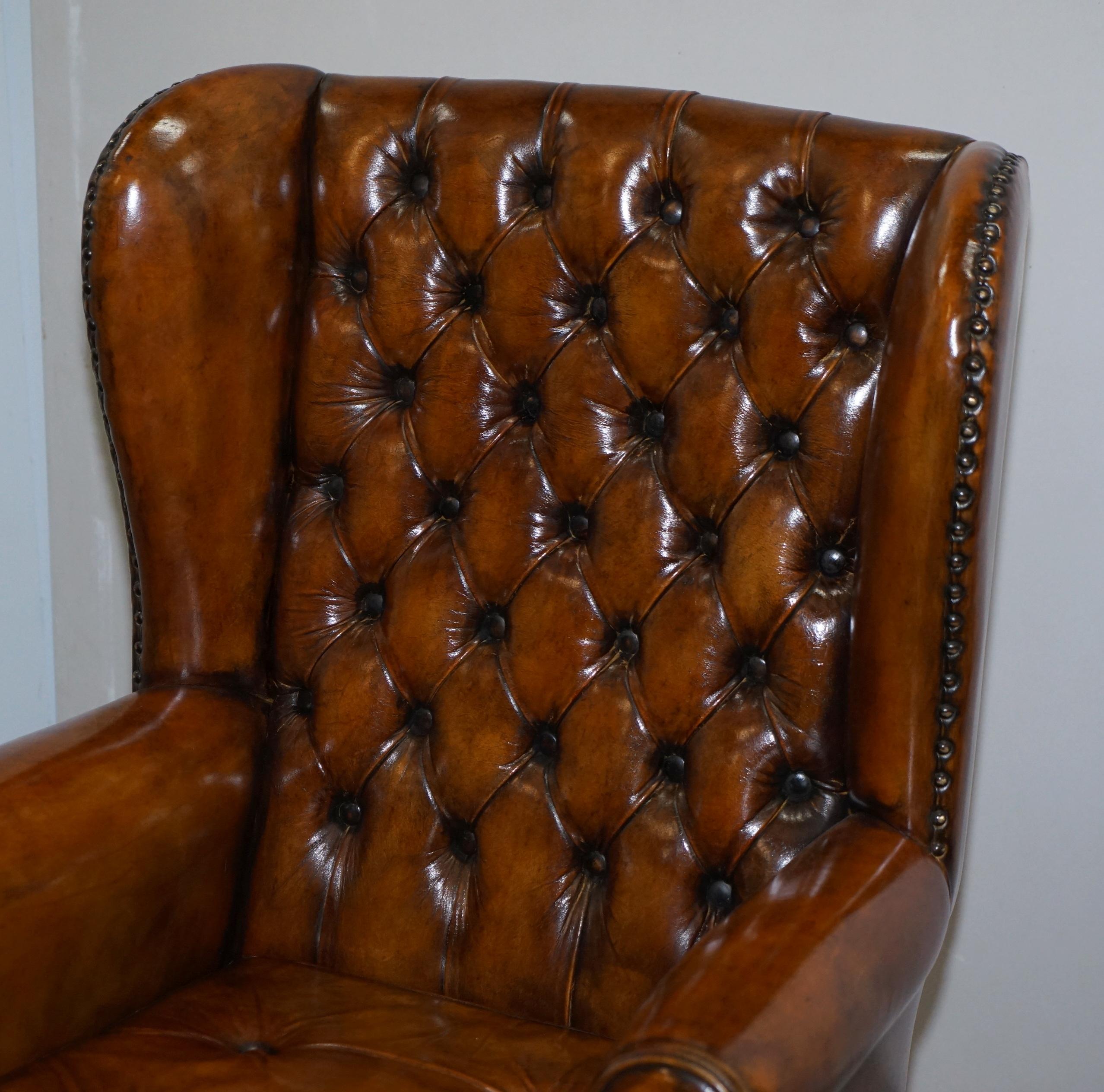 Hand-Crafted Pair of Chesterfield Thomas Chippendale Wingback Armchairs Cigar Brown Leather