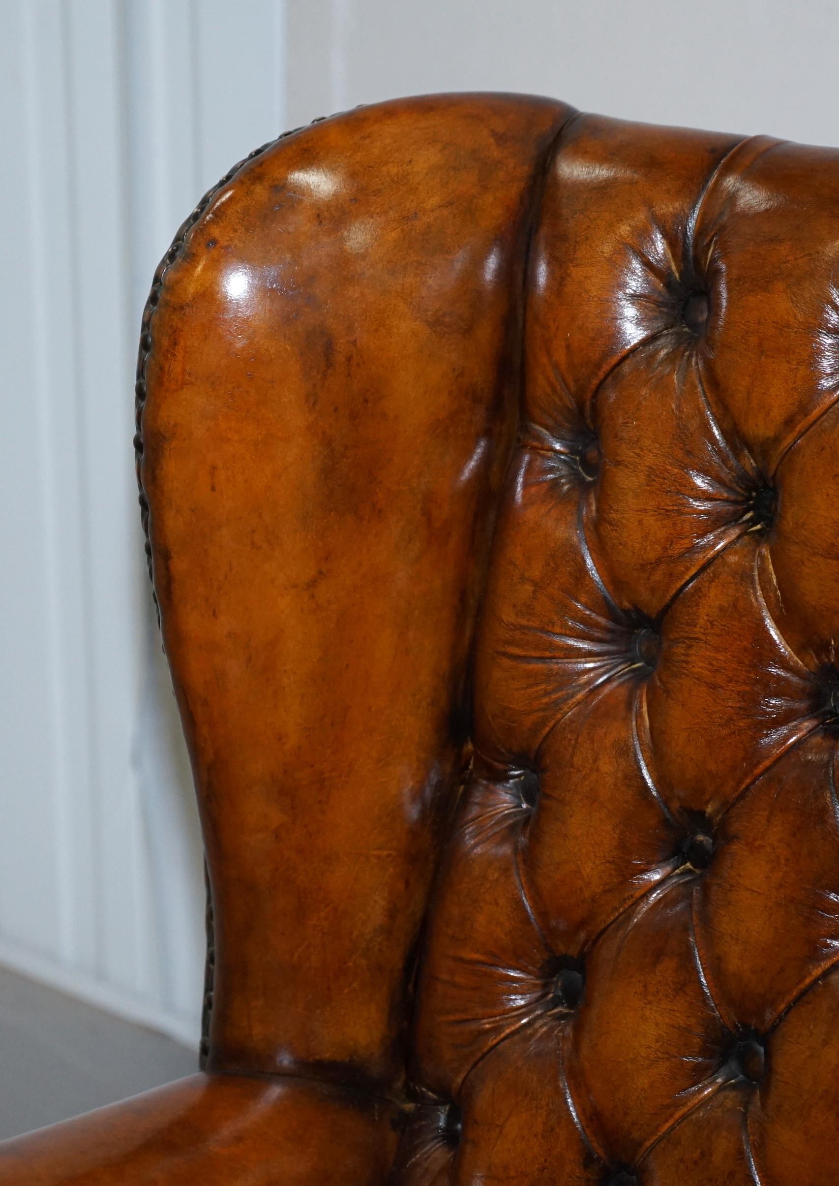Pair of Chesterfield Thomas Chippendale Wingback Armchairs Cigar Brown Leather 1