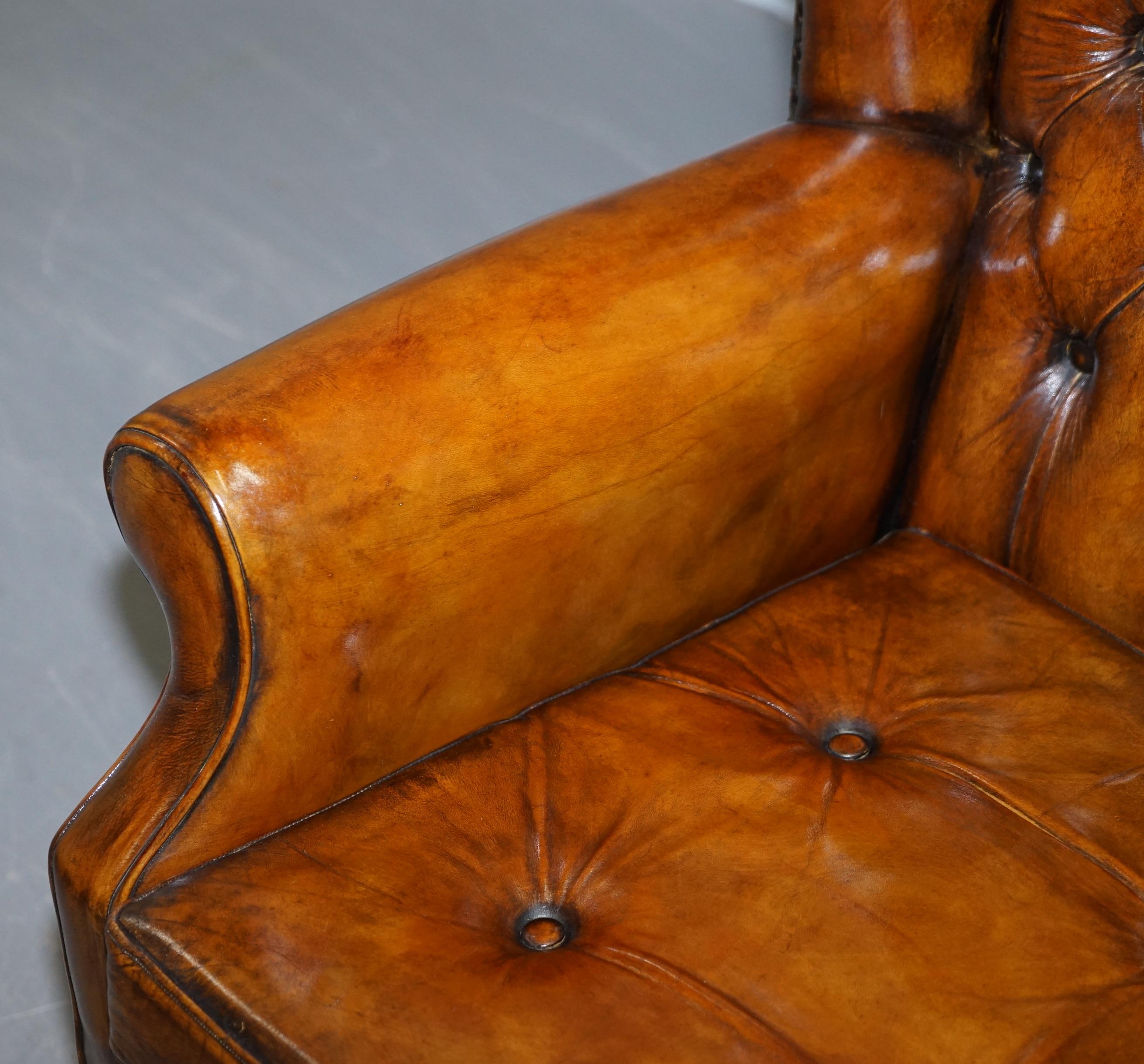 Pair of Chesterfield Thomas Chippendale Wingback Armchairs Cigar Brown Leather 3