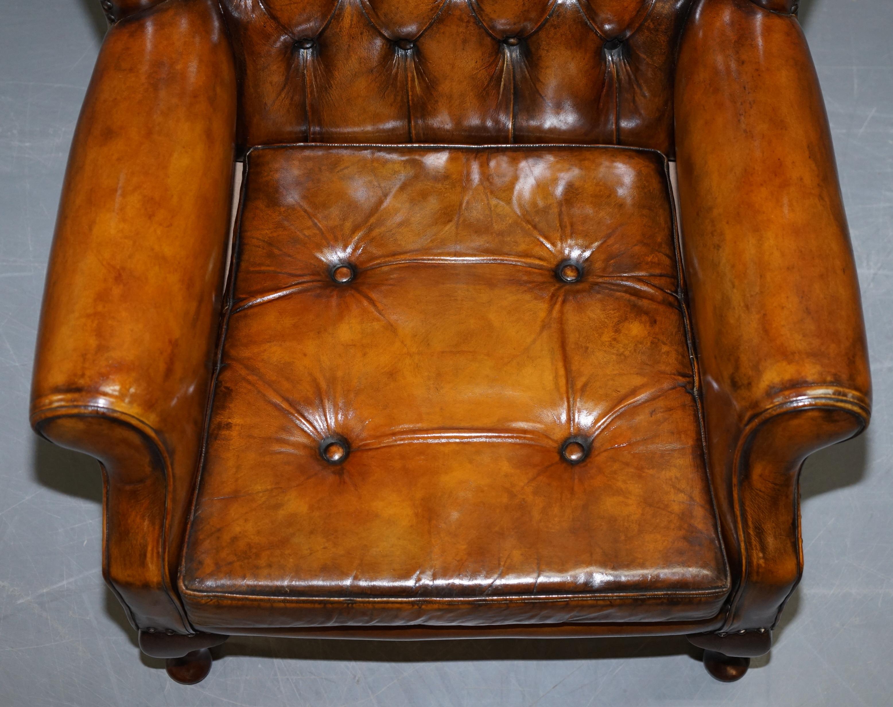 Pair of Chesterfield Thomas Chippendale Wingback Armchairs Cigar Brown Leather 4