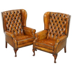 Pair of Chesterfield Thomas Chippendale Wingback Armchairs Cigar Brown Leather