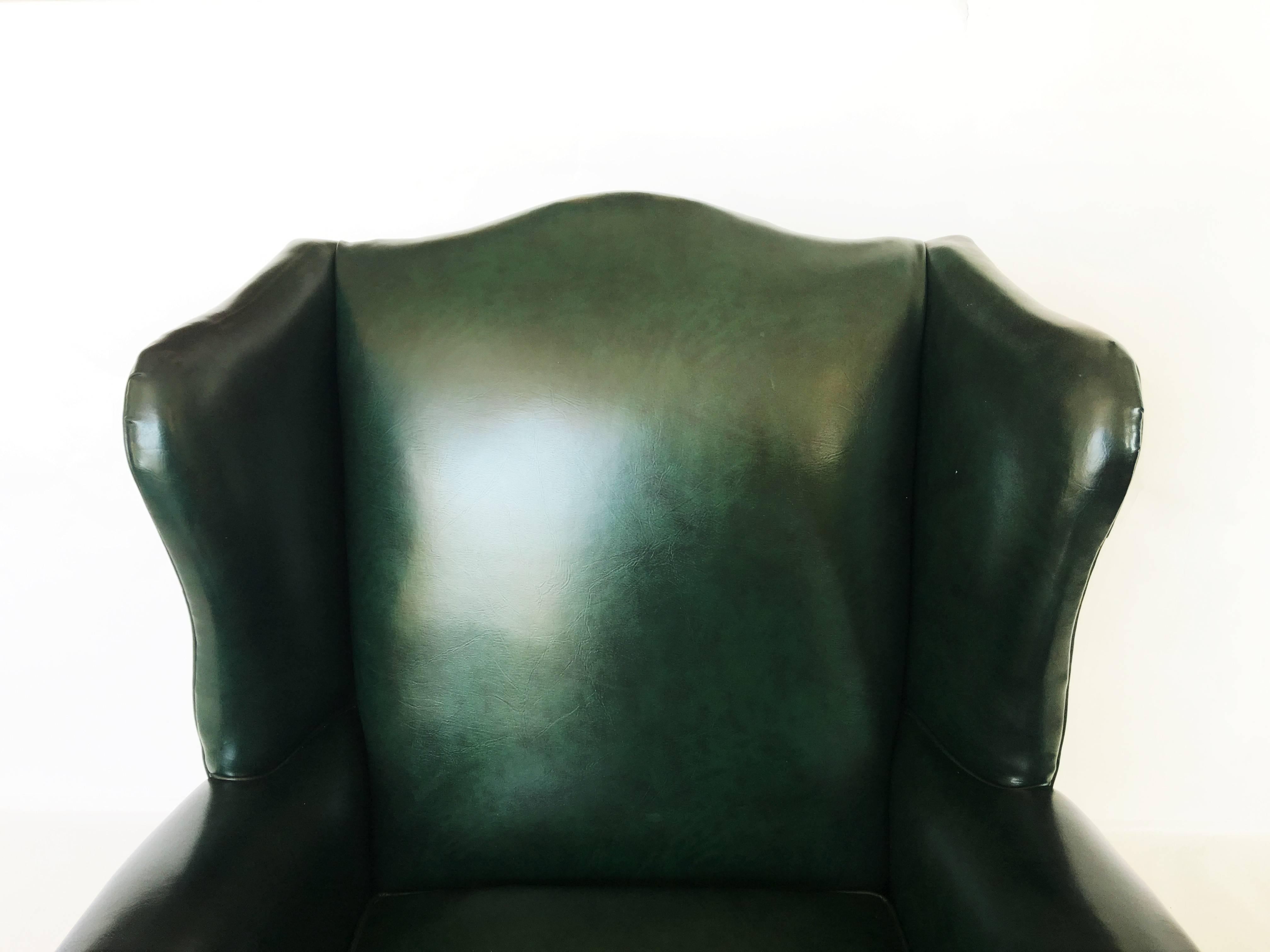 Pair of Chesterfield Tufted Dark Green Leather Wingback Chairs For Sale 4