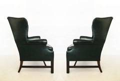 Pair of Chesterfield Tufted Dark Green Leather Wingback Chairs