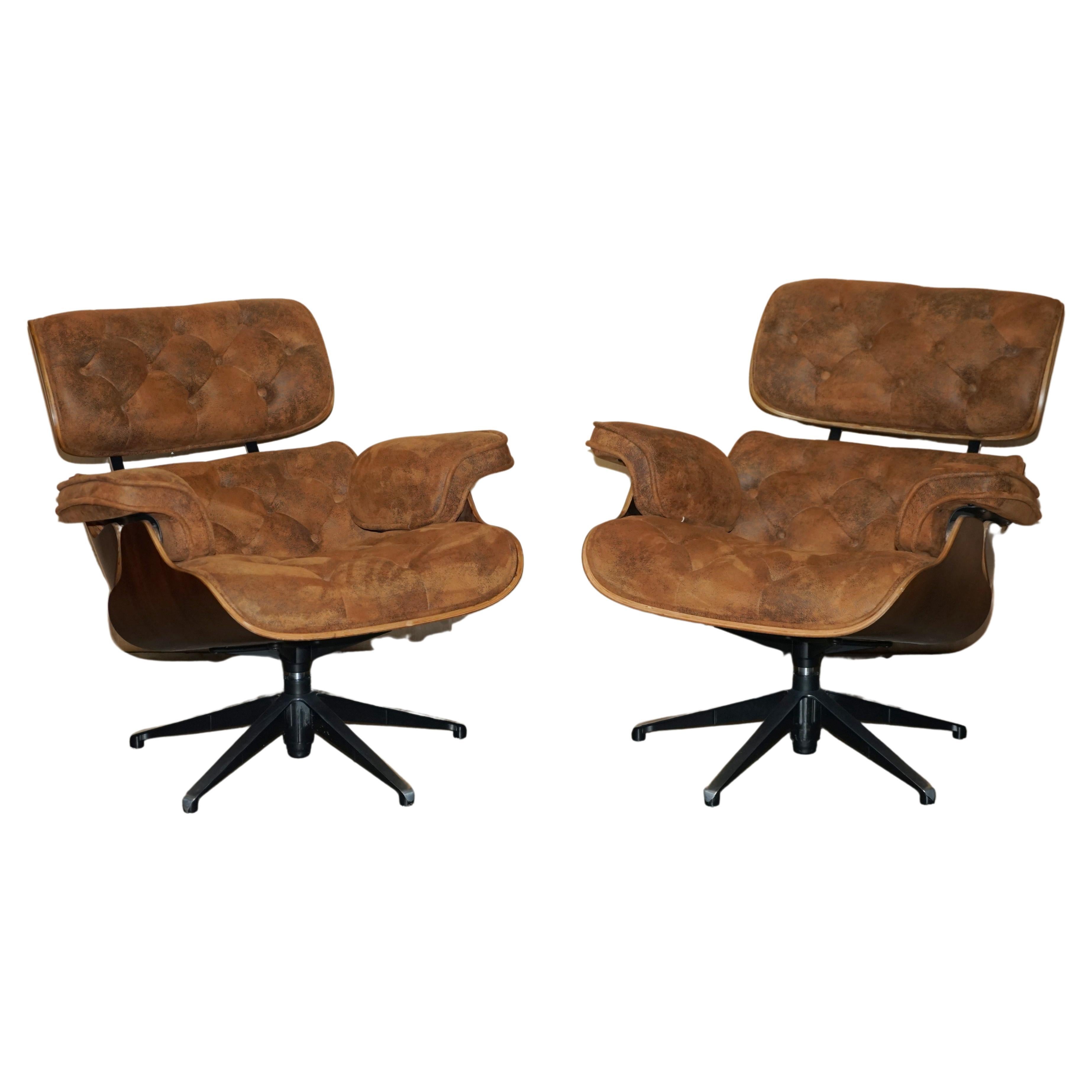 Pair of Chesterfield Tufted Heritage Brown Suede Leather Lounge Armchairs