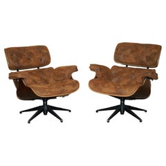 Pair of Chesterfield Tufted Heritage Brown Suede Leather Lounge Armchairs