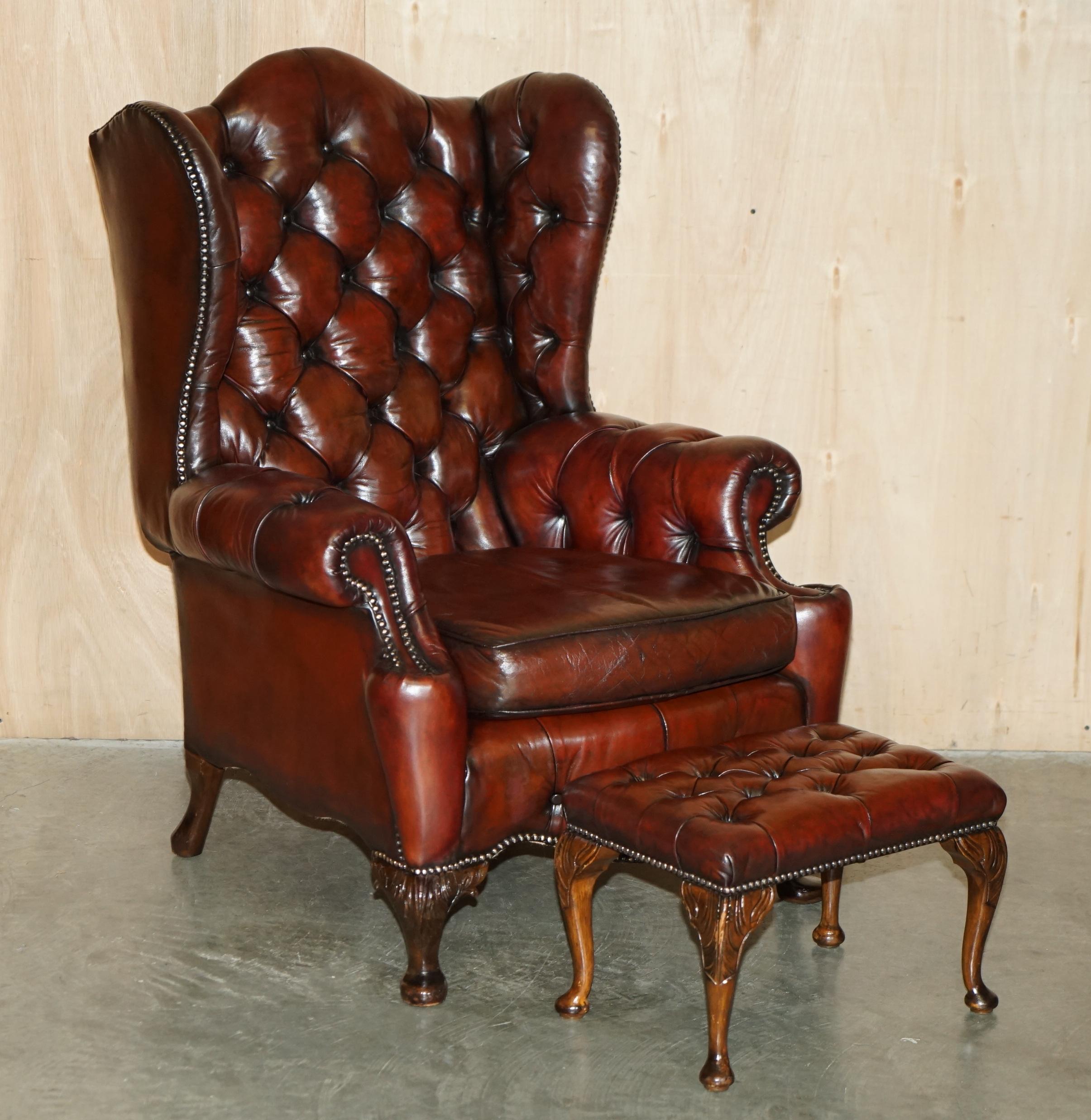 Royal House Antiques

Royal House Antiques are delighted to offer for sale this absolutely exquisite pair of fully restored Wingback armchairs with hand carved frames and matching footstools in Bordeaux Oxblood which are Chesterfield tufted