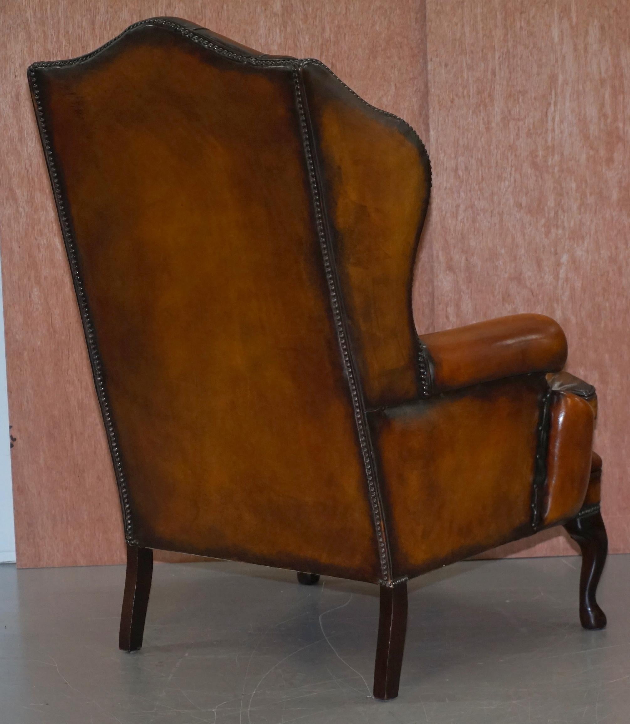 Pair of Chesterfield William Morris Wingback Armchairs Cigar Brown Leather 4