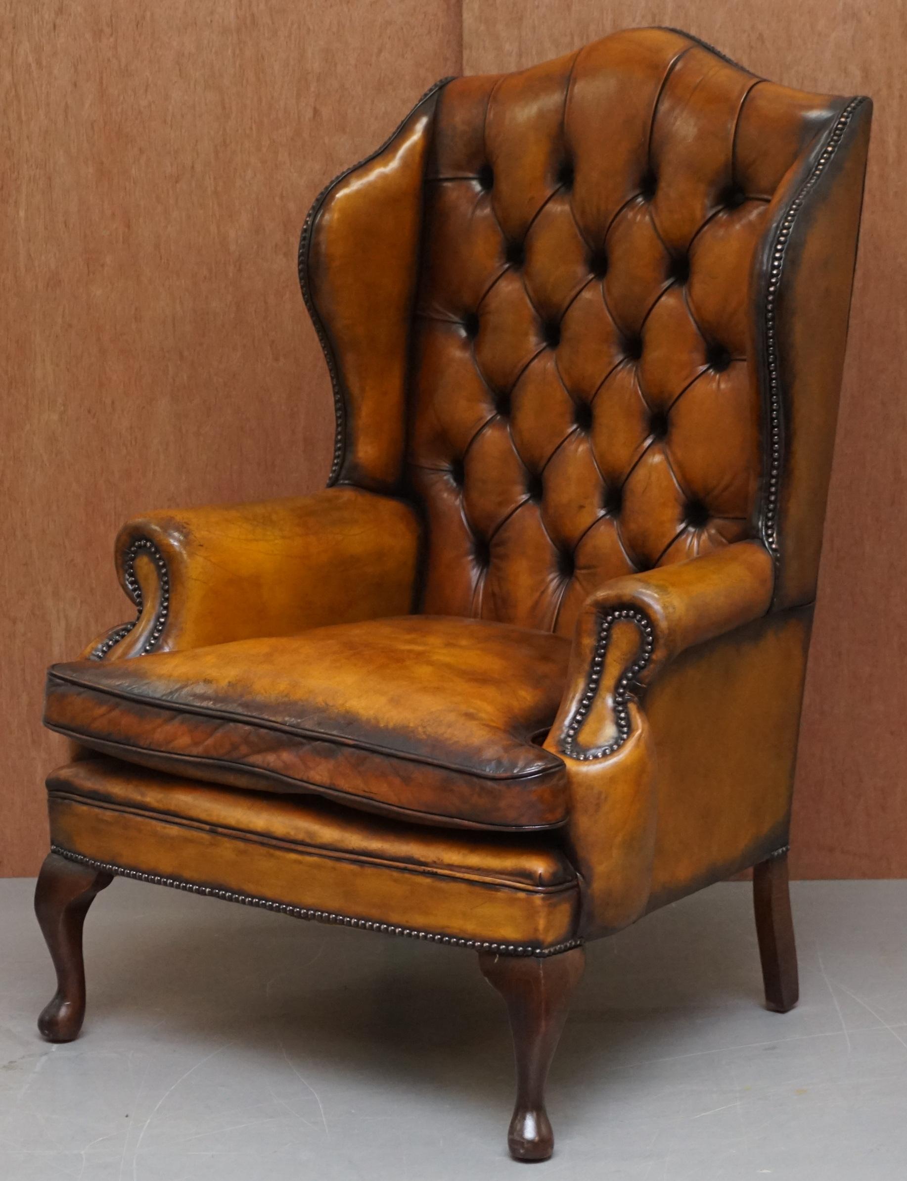 Pair of Chesterfield William Morris Wingback Armchairs Cigar Brown Leather 7