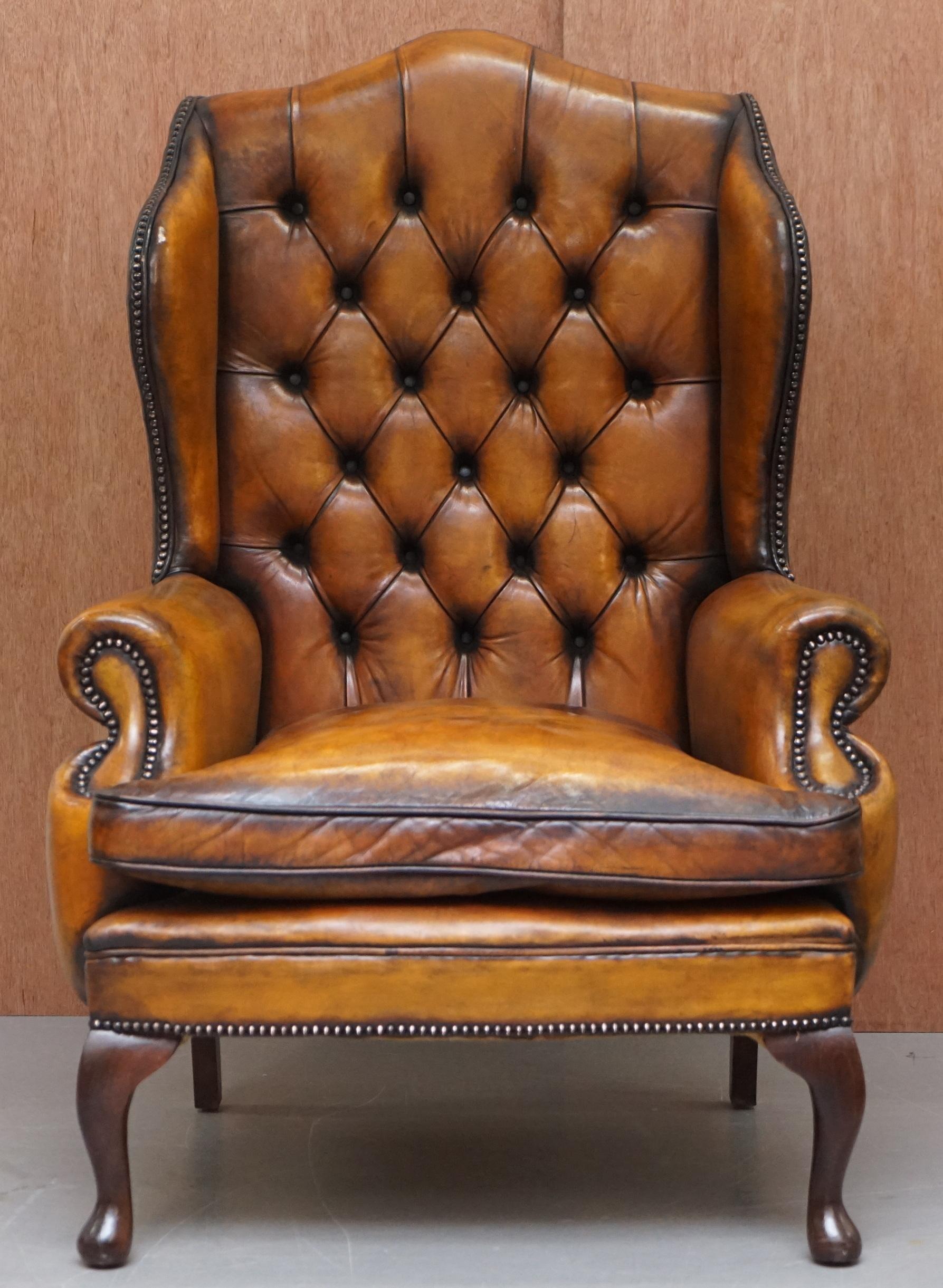 Pair of Chesterfield William Morris Wingback Armchairs Cigar Brown Leather 8