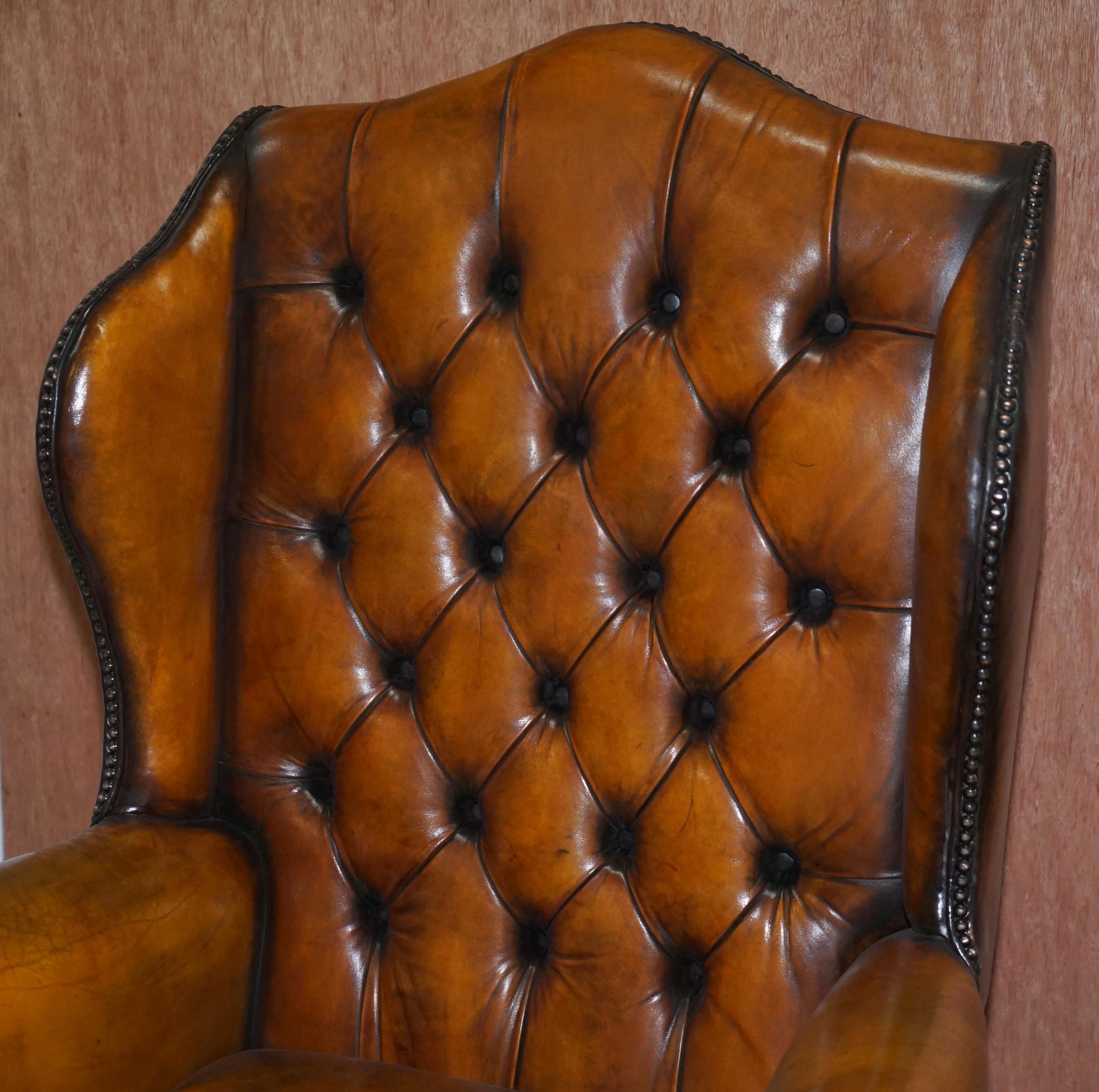 Pair of Chesterfield William Morris Wingback Armchairs Cigar Brown Leather 9