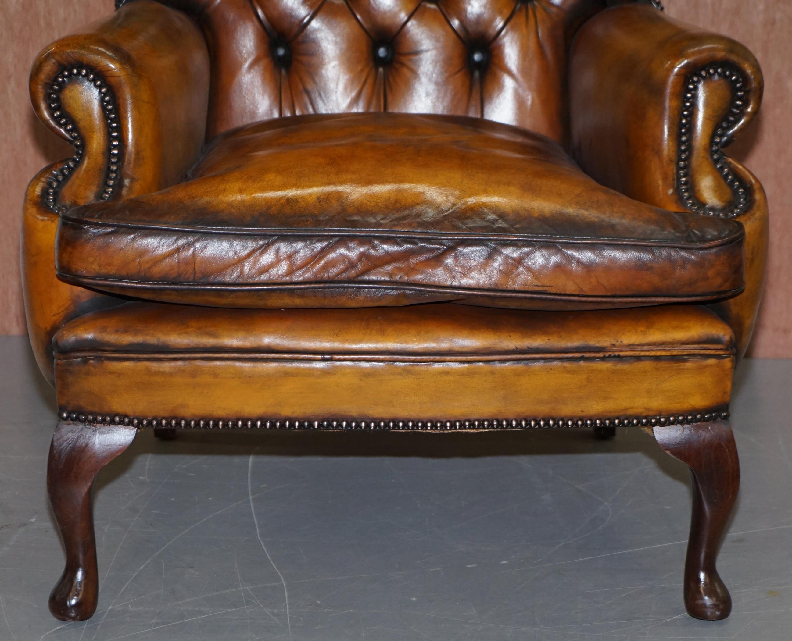 Pair of Chesterfield William Morris Wingback Armchairs Cigar Brown Leather 11