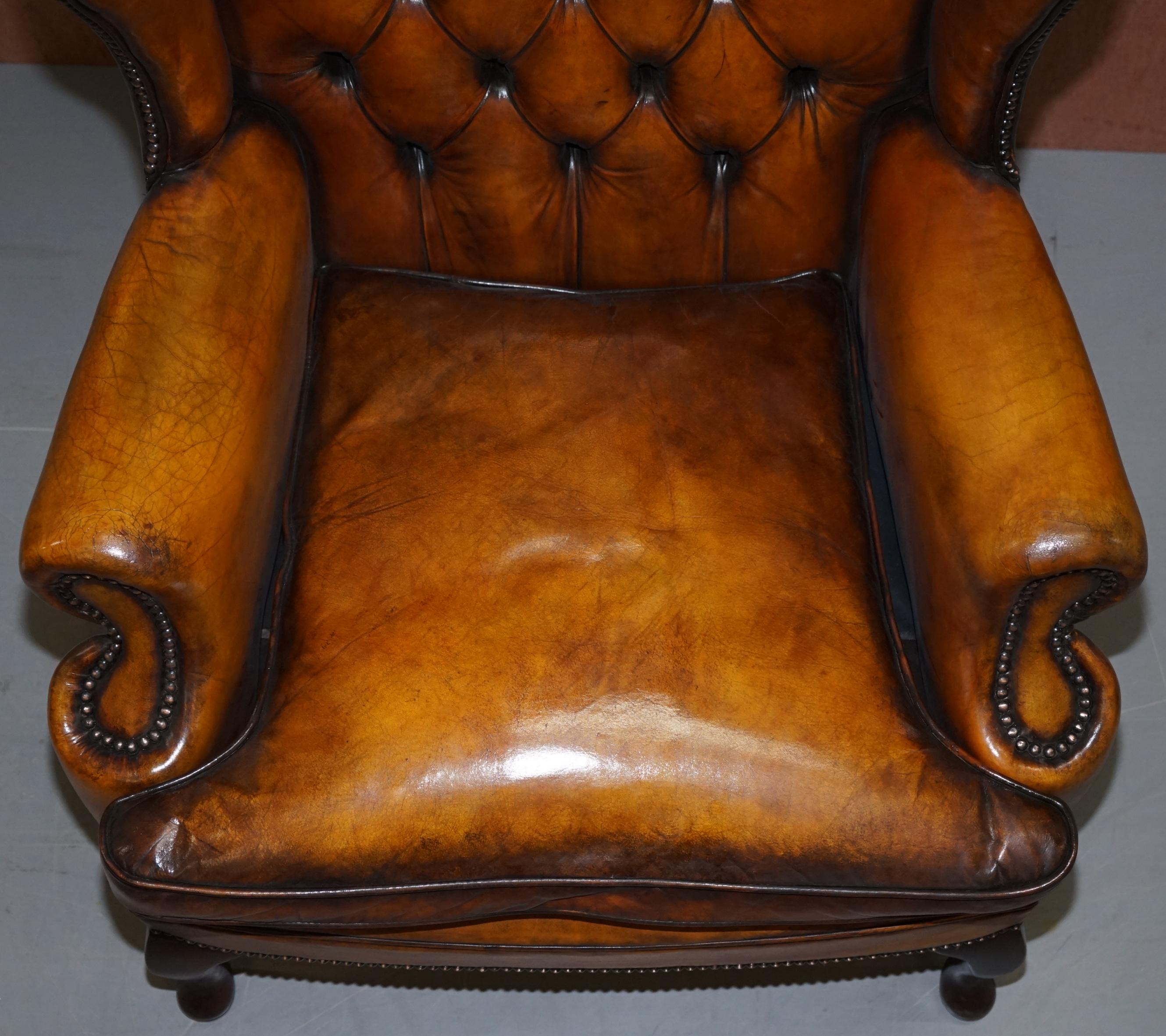 Pair of Chesterfield William Morris Wingback Armchairs Cigar Brown Leather 12