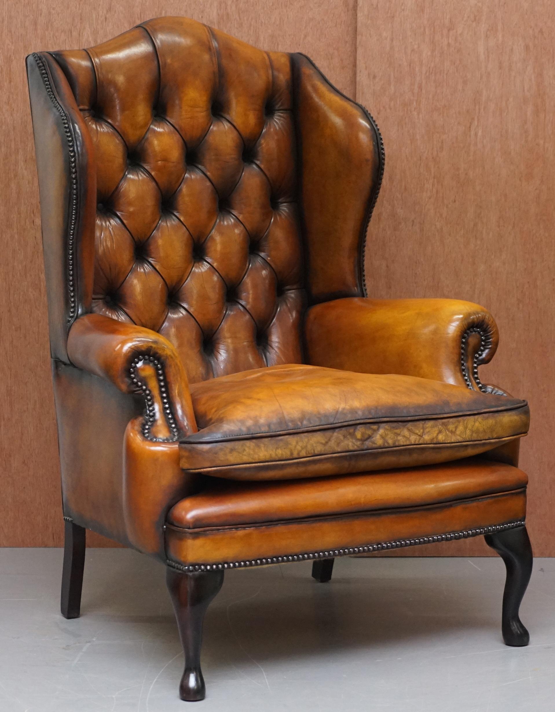 We are delighted to offer for sale this stunning pair of William Morris style chesterfield fully restored vintage wingback armchairs in Whisky brown leather with thick heavy feather filled cushions

A good looking and comfortable pair of coil