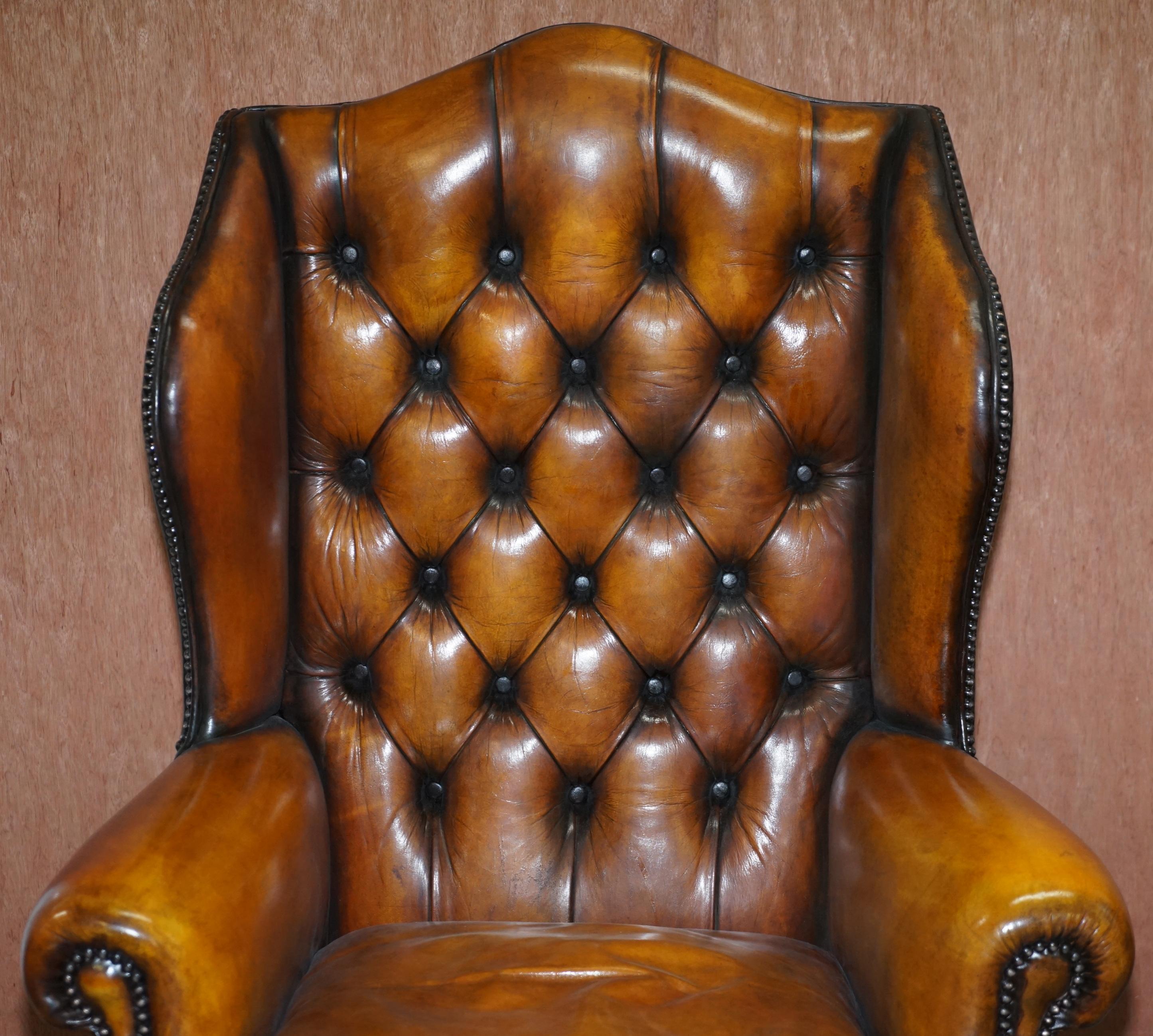 Victorian Pair of Chesterfield William Morris Wingback Armchairs Cigar Brown Leather