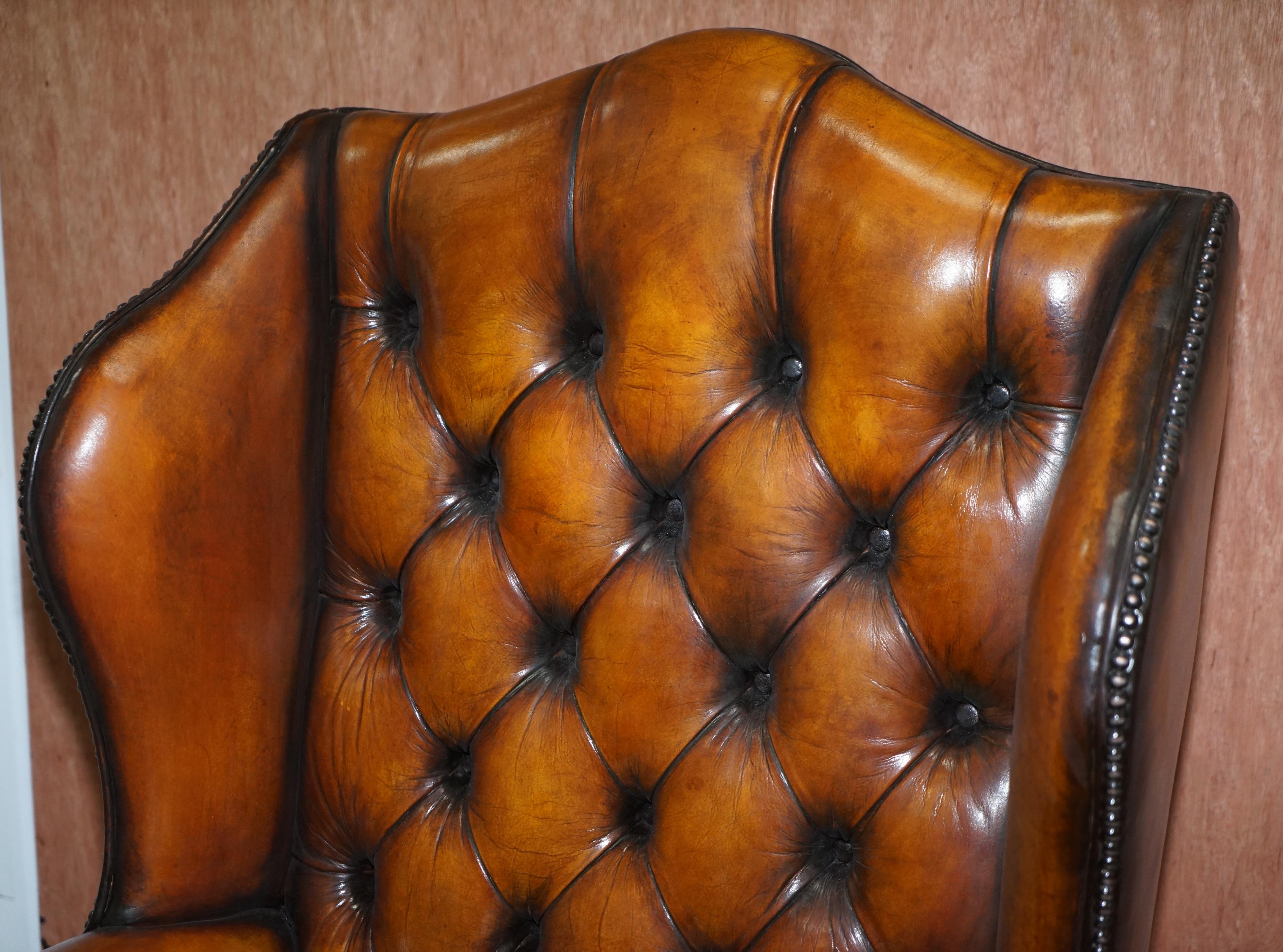 English Pair of Chesterfield William Morris Wingback Armchairs Cigar Brown Leather