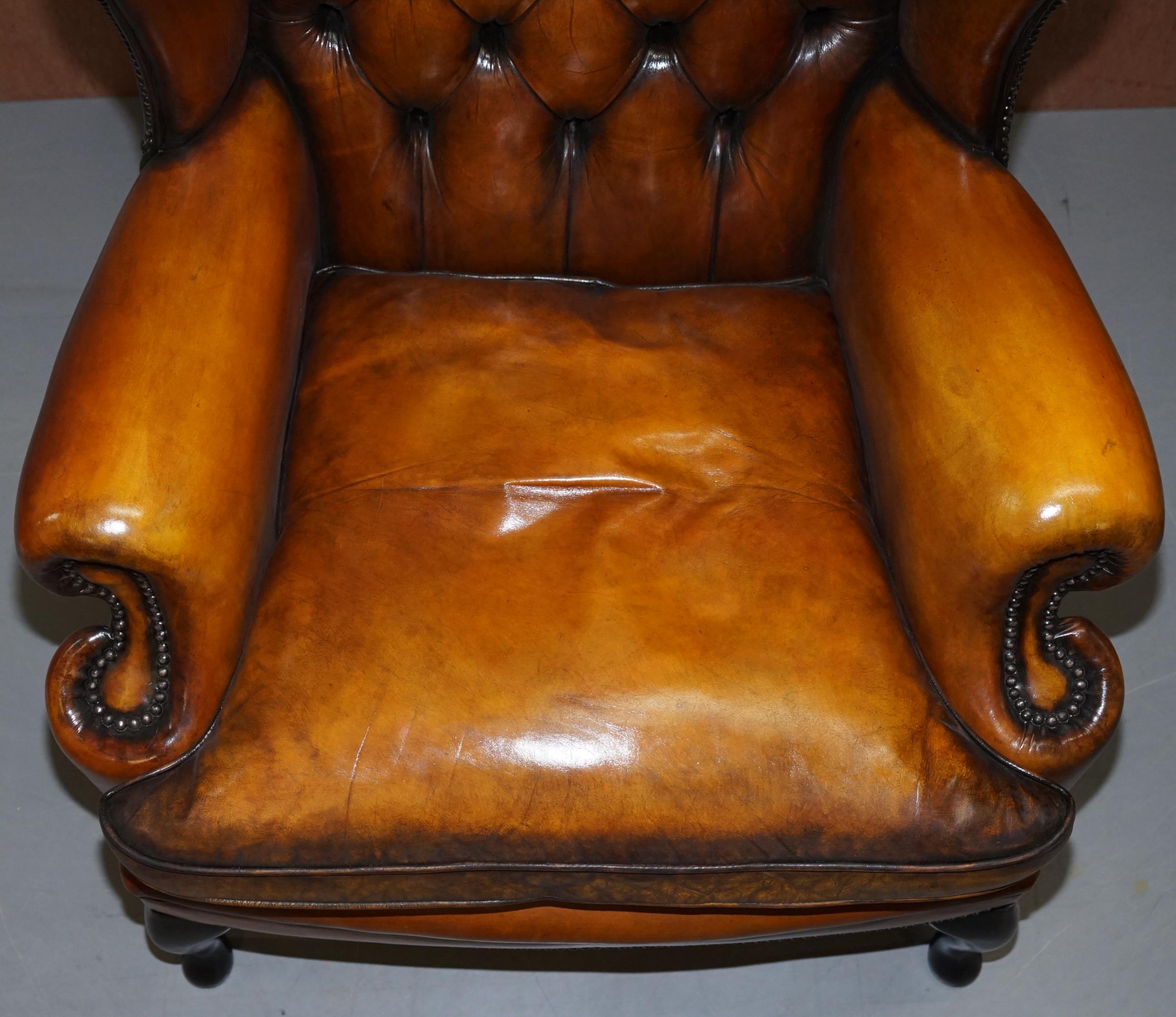 Hand-Crafted Pair of Chesterfield William Morris Wingback Armchairs Cigar Brown Leather