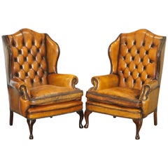 Pair of Chesterfield William Morris Wingback Armchairs Cigar Brown Leather