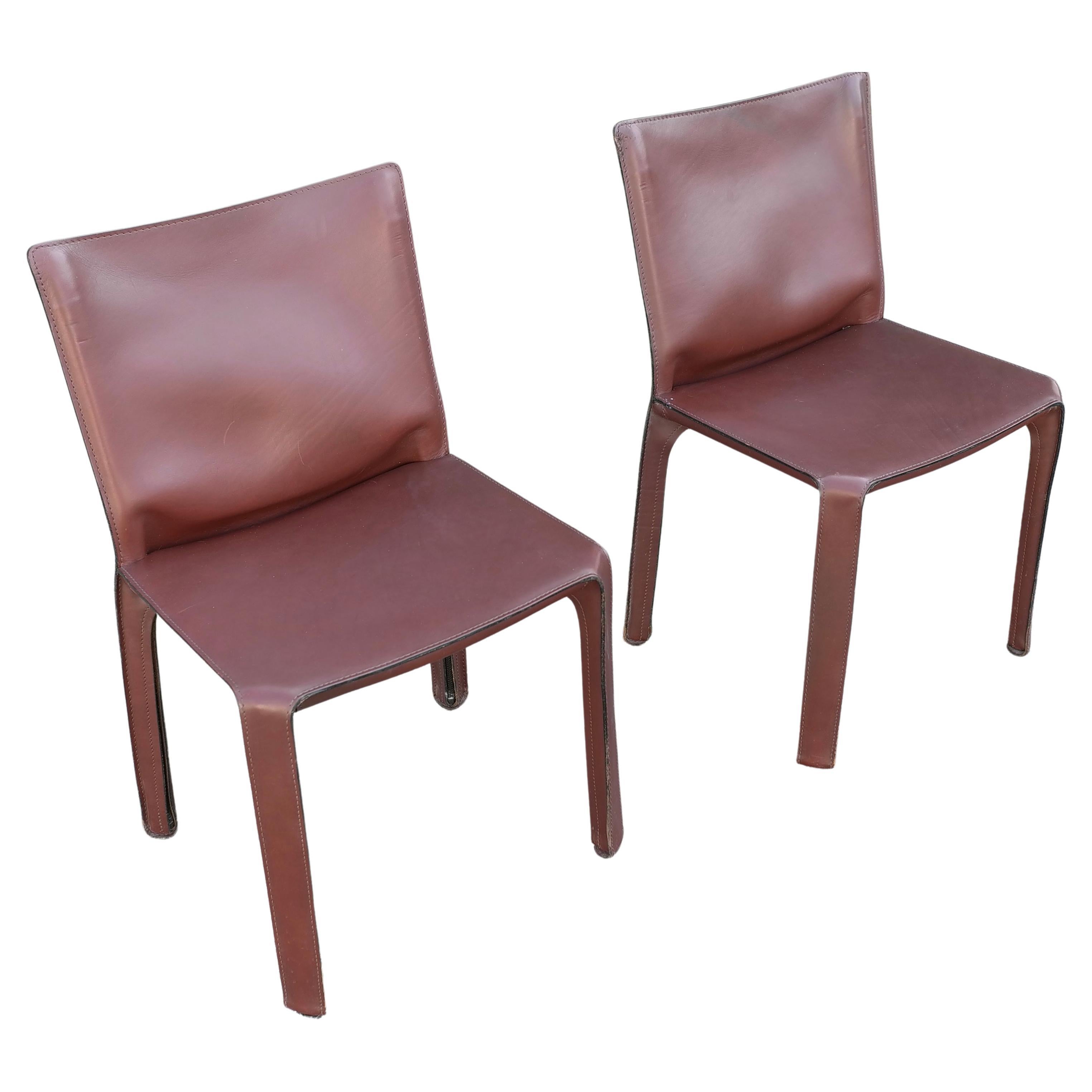 Leather Pair of Chestnut Colored Cab Dining Chairs by Mario Bellini for Cassina For Sale