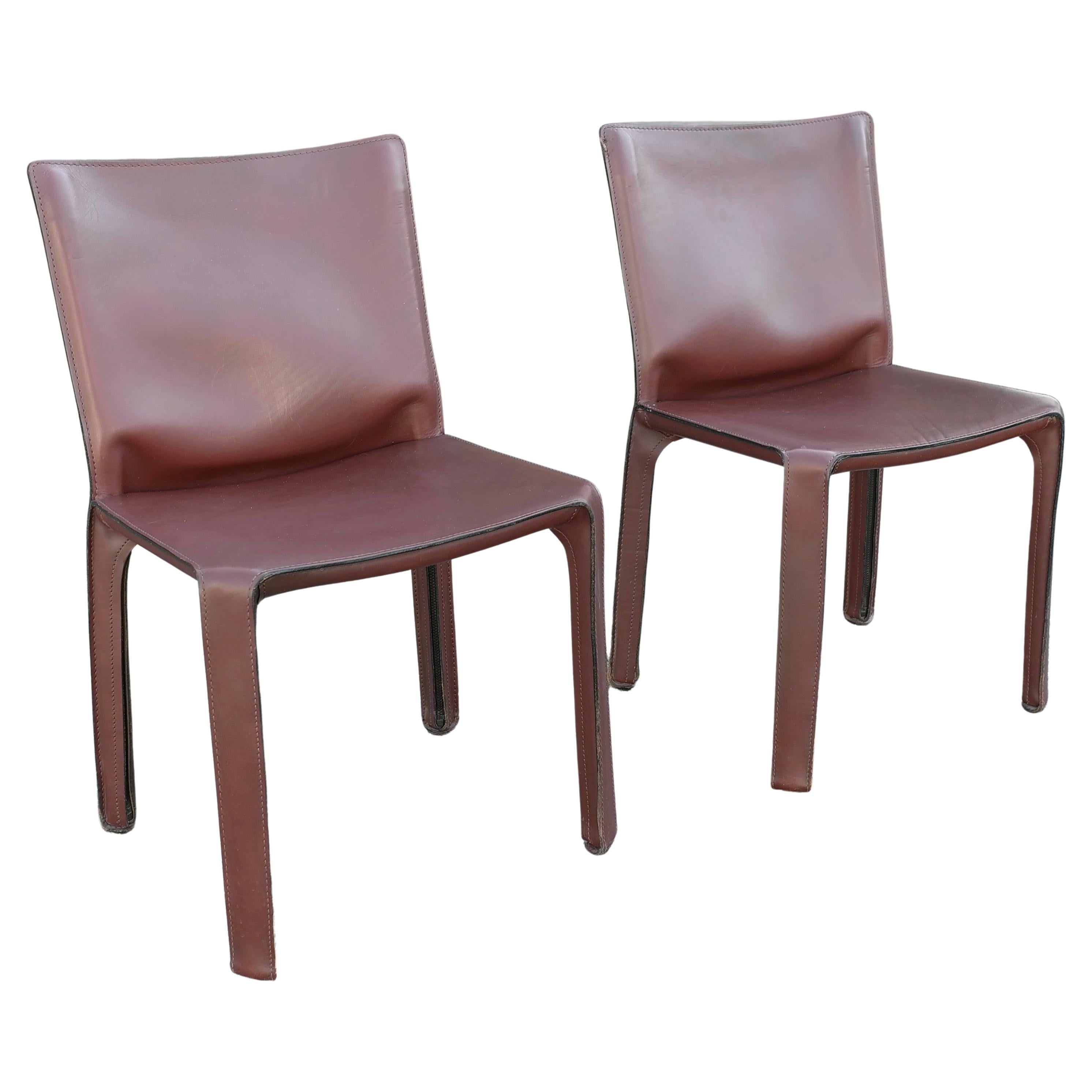 Pair of Chestnut Colored Cab Dining Chairs by Mario Bellini for Cassina For Sale