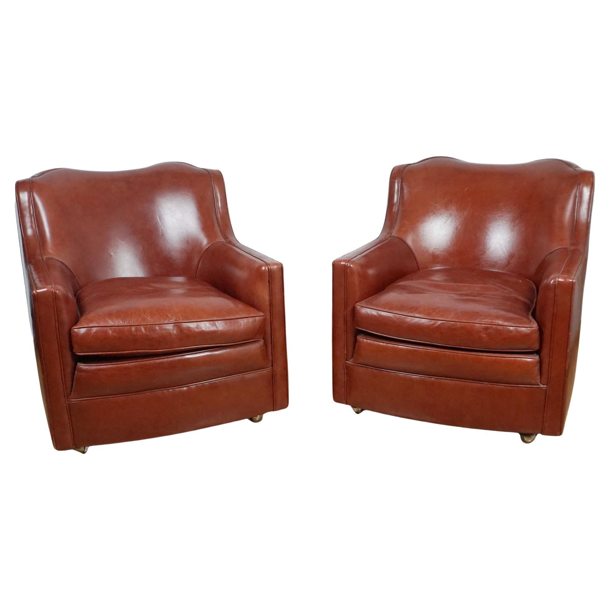 Pair of Chestnut Leather Art Deco Club Chairs For Sale