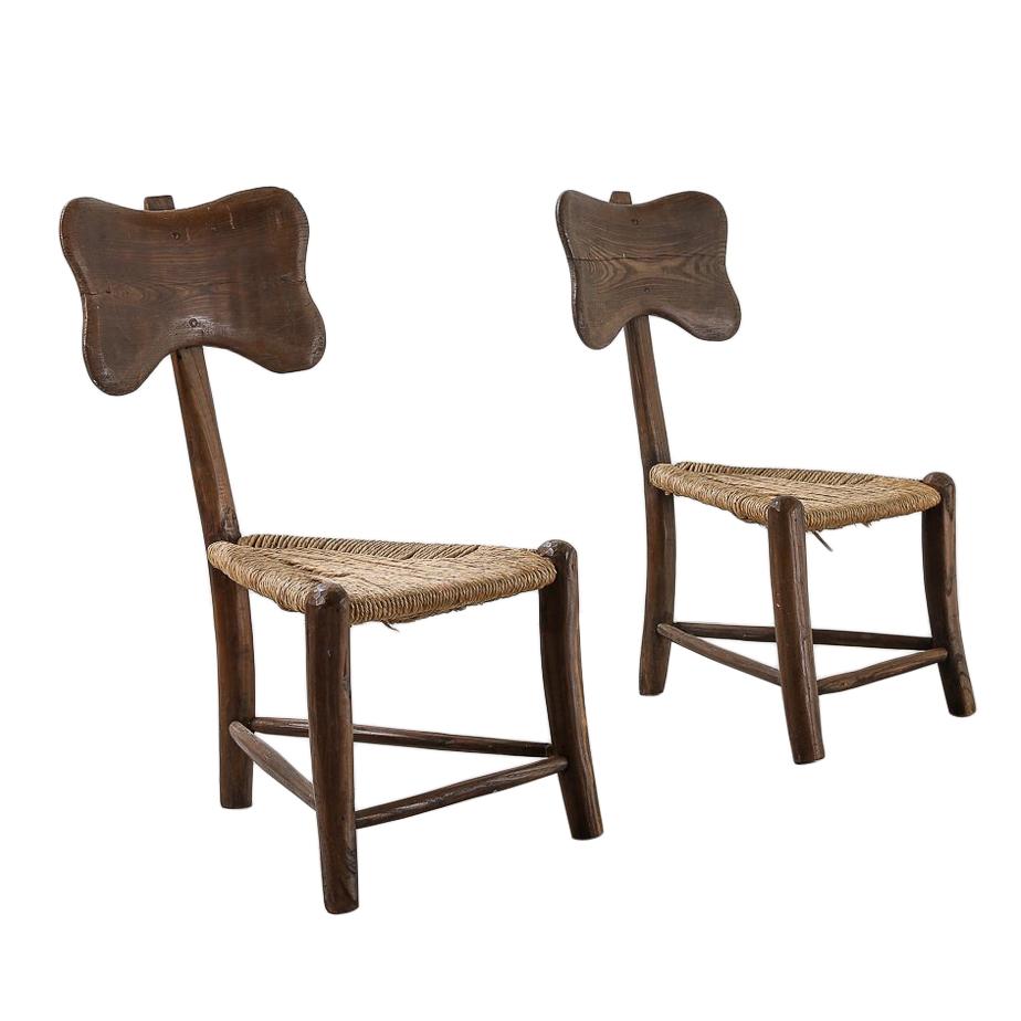 Pair of Chestnut Wood and Rattan Chairs by Ruggero Rossi, 1940s